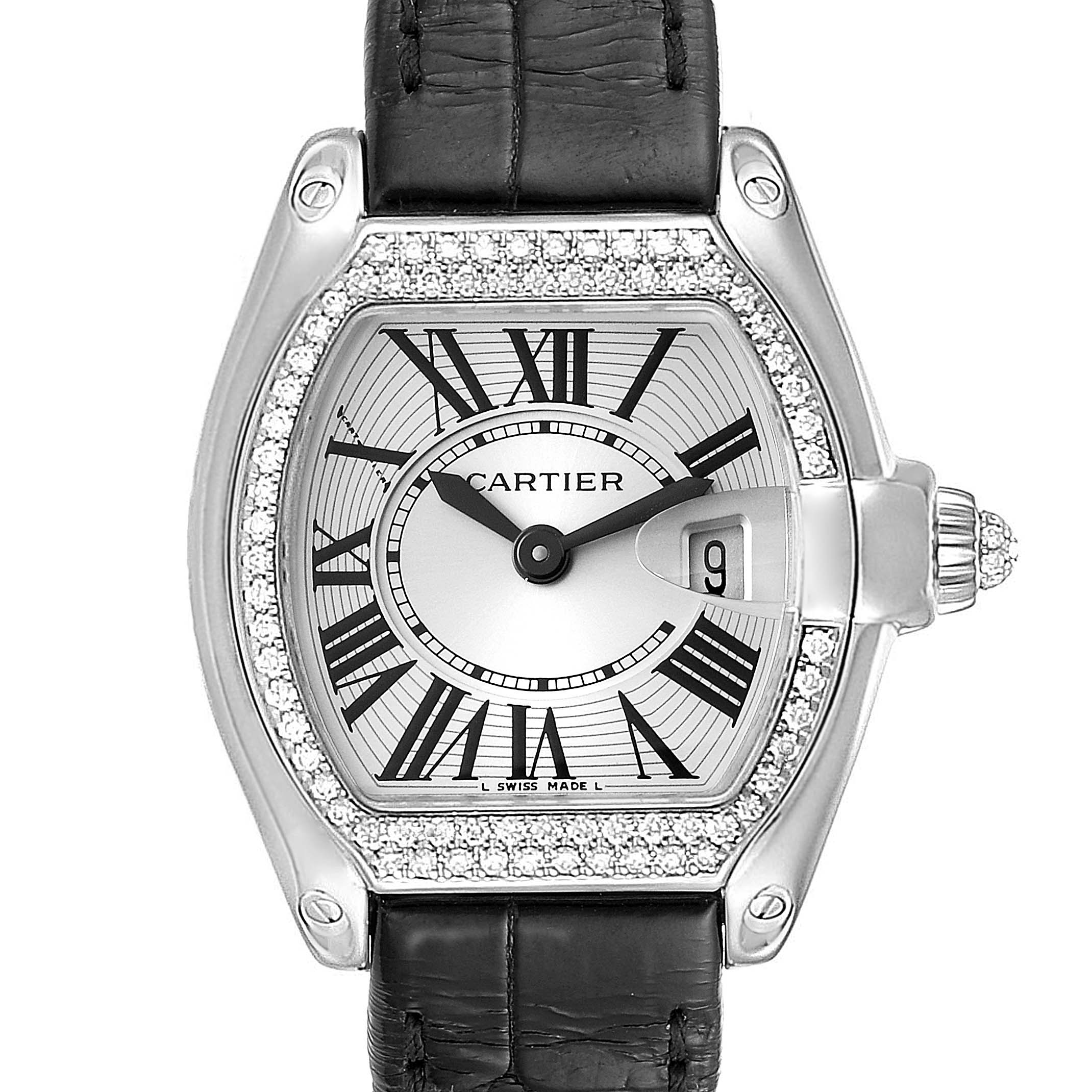 This image shows a front view of the Cartier Roadster WE500260 Women
s White Gold Silver Dial WE500260 Women
s White Gold Silver Dial watch with a black leather strap and a diamond-set bezel.