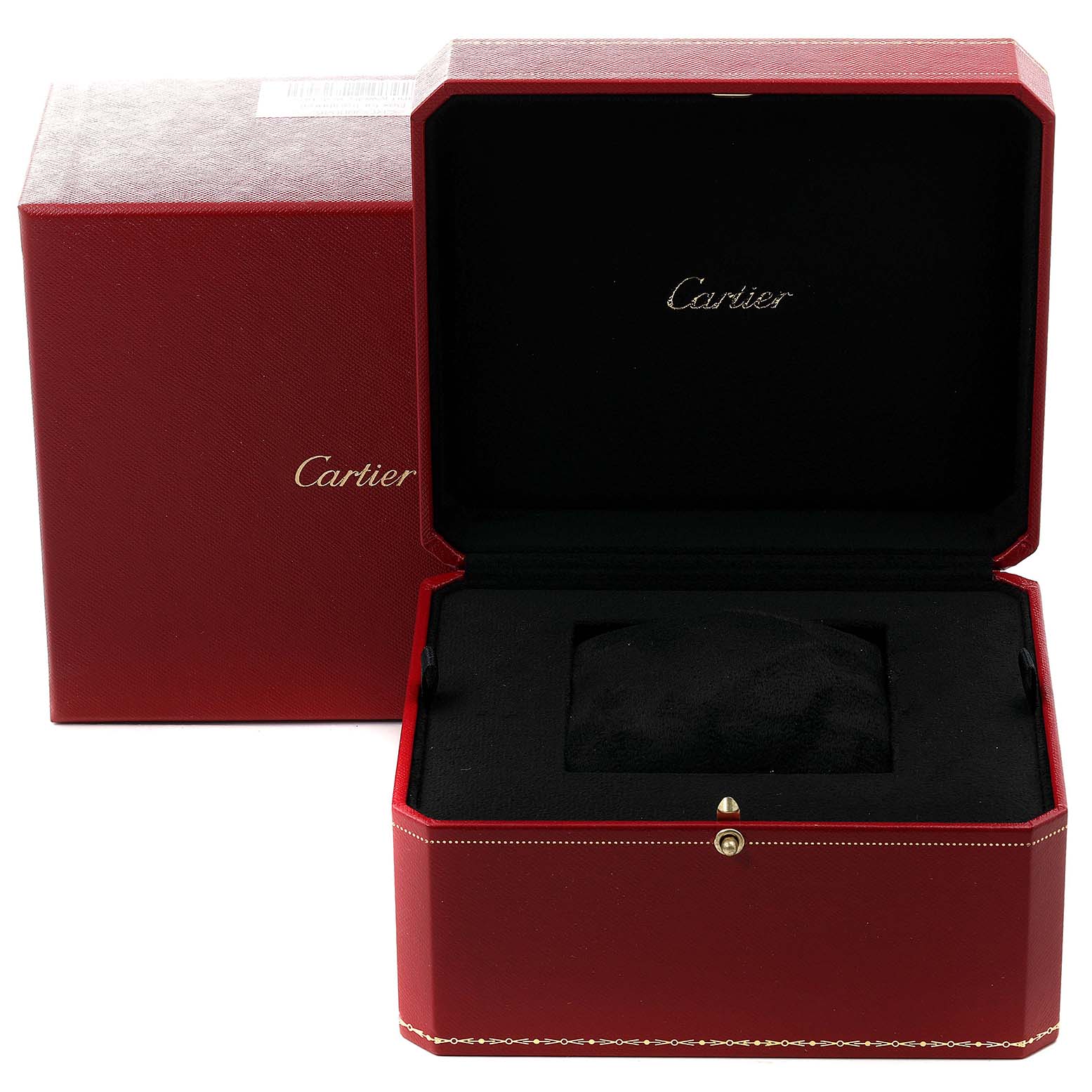 This image shows the open red presentation box for the Cartier Roadster WE500260 Women
s White Gold Silver Dial WE500260 Women
s White Gold Silver Dial model watch, revealing the interior cushion.