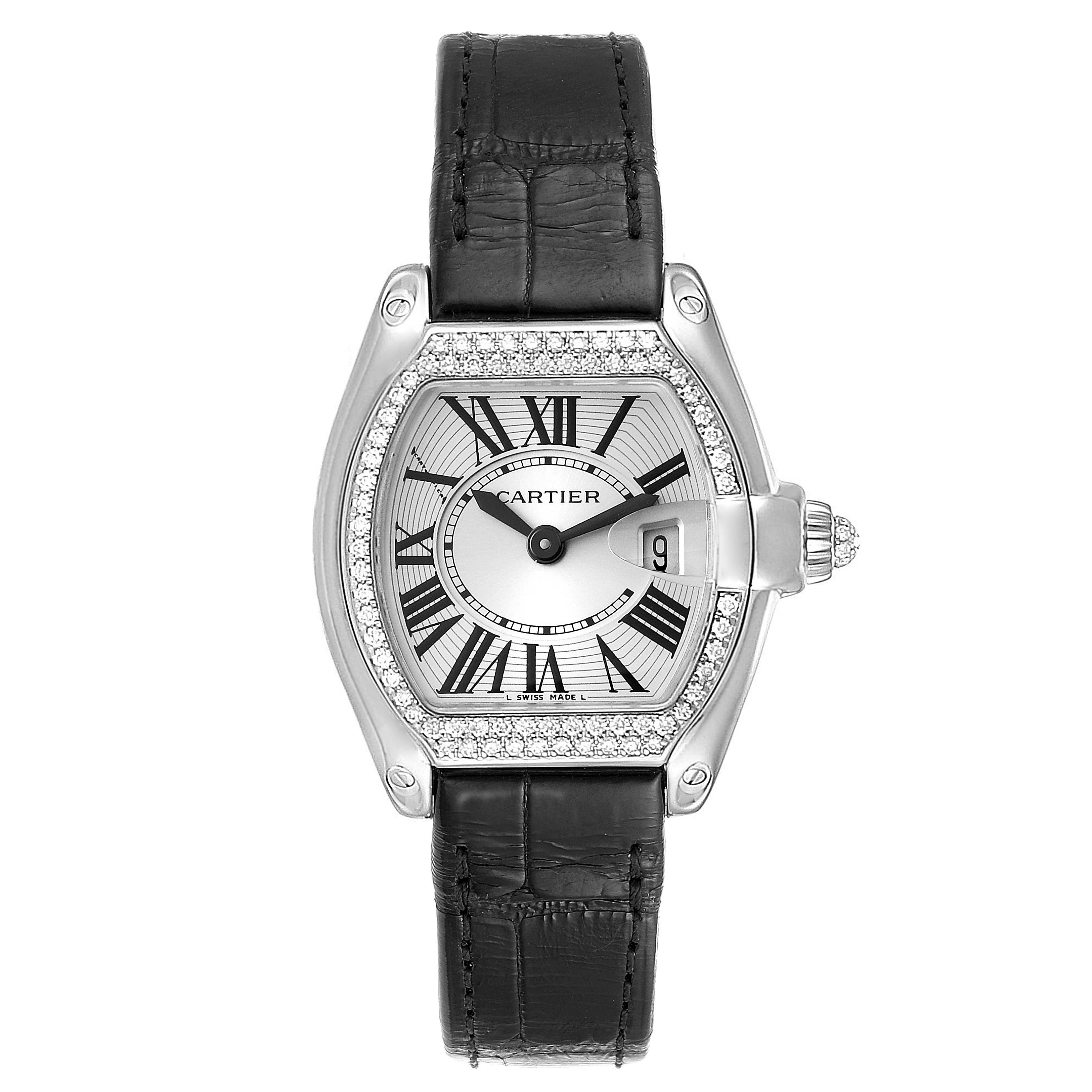 The image shows a front view of the Cartier Roadster WE500260 Women
s White Gold Silver Dial WE500260 Women
s White Gold Silver Dial watch, highlighting the dial, casing, and black leather strap.