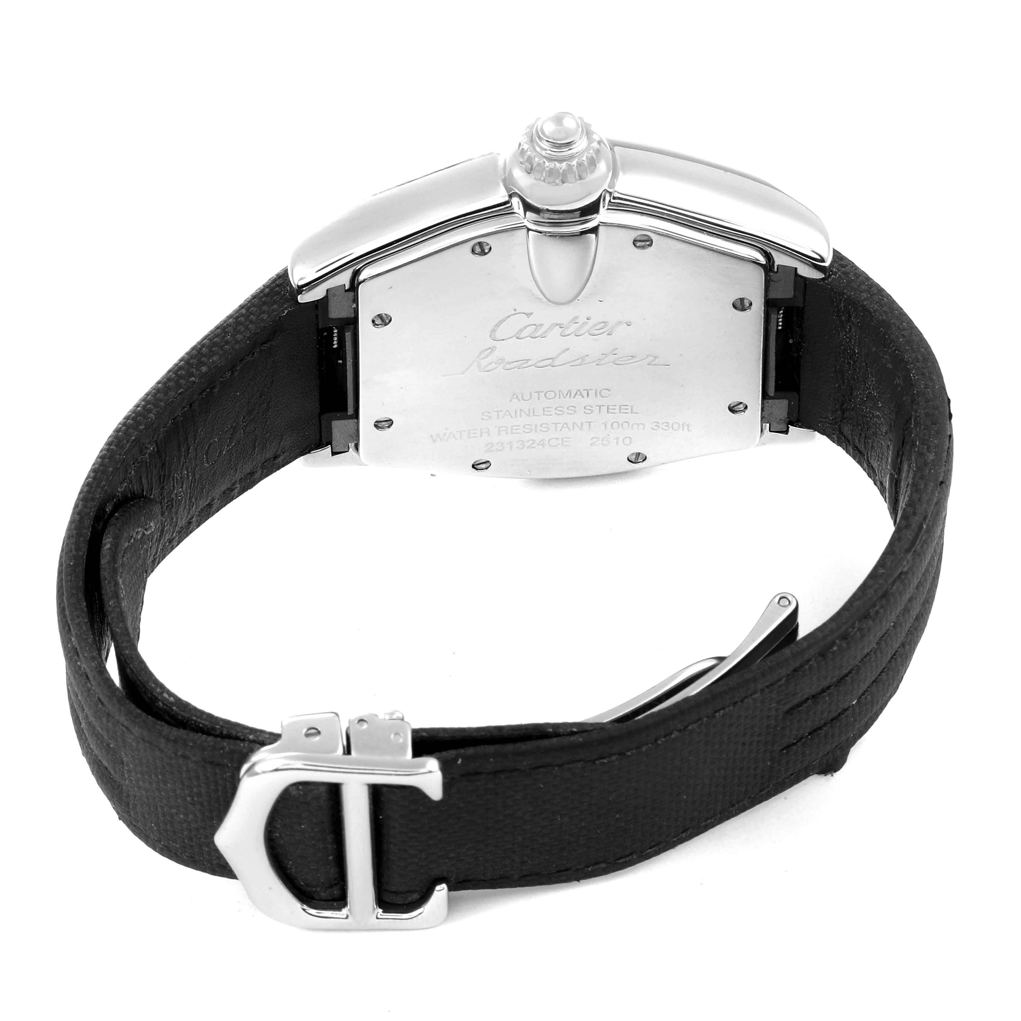 The image shows the back case and strap of a Cartier Roadster W62025V3 Men
s Stainless Steel Silver Dial W62025V3 Men
s Stainless Steel Silver Dial watch viewed from a rear angle.