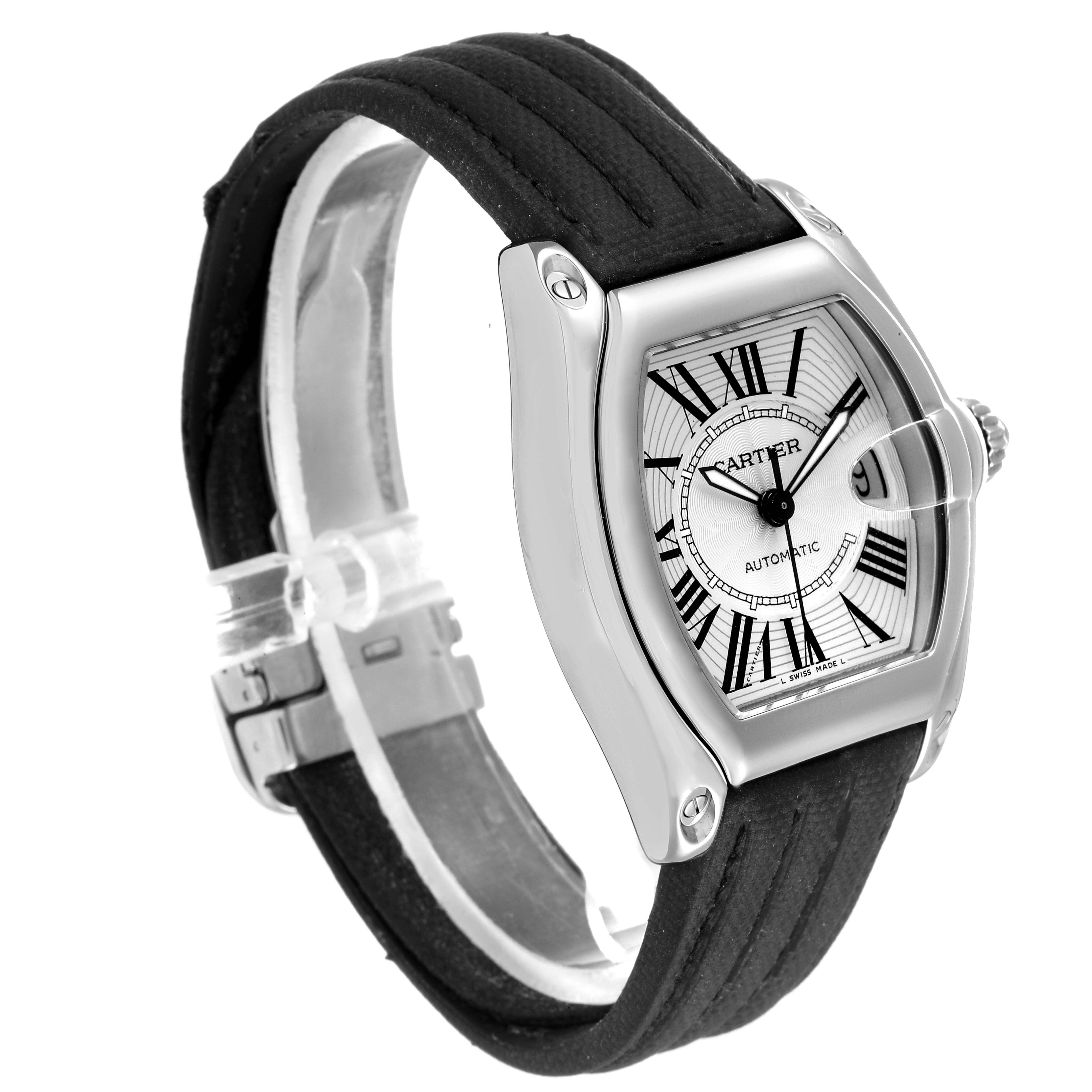 The image shows a Cartier Roadster W62025V3 Men
s Stainless Steel Silver Dial W62025V3 Men
s Stainless Steel Silver Dial watch from an angled side view, highlighting its dial, case, and strap.