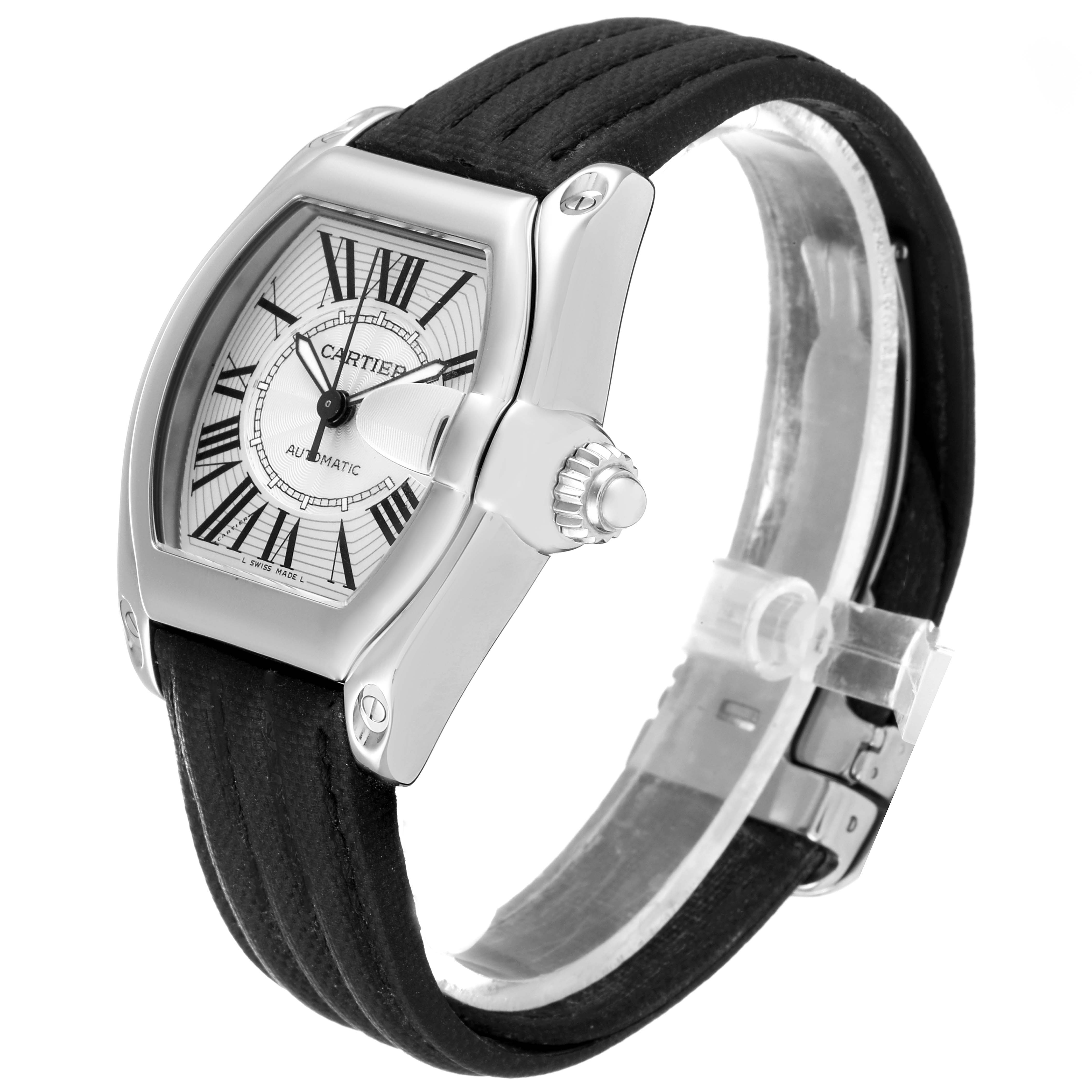 The Cartier Roadster W62025V3 Men
s Stainless Steel Silver Dial W62025V3 Men
s Stainless Steel Silver Dial watch is shown at a slight side angle, highlighting its face, crown, and black strap.