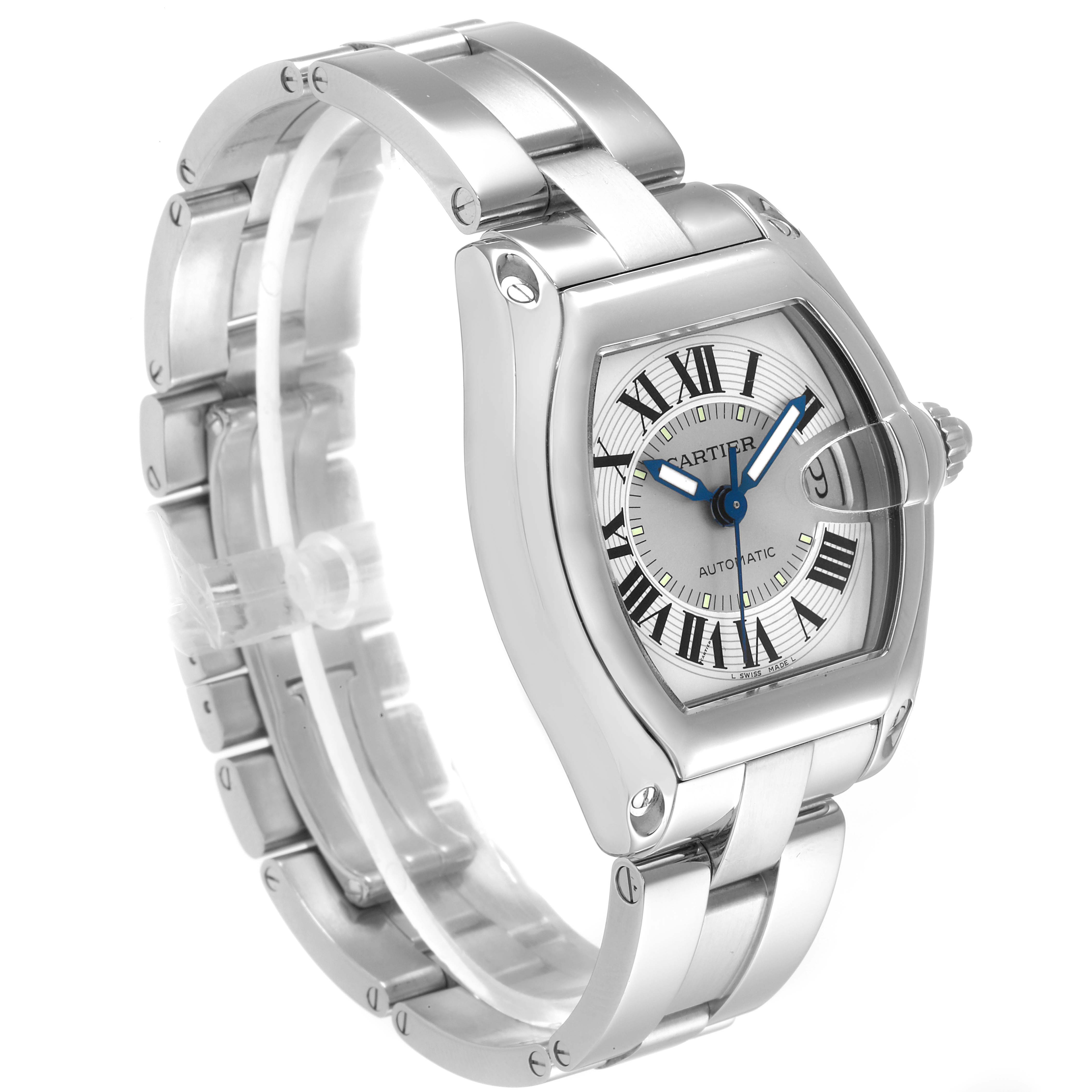 The image shows a three-quarter view of a Cartier Roadster W62000V3 Men
s Stainless Steel Silver Dial W62000V3 Men
s Stainless Steel Silver Dial watch, highlighting its face, bezel, and metallic bracelet.