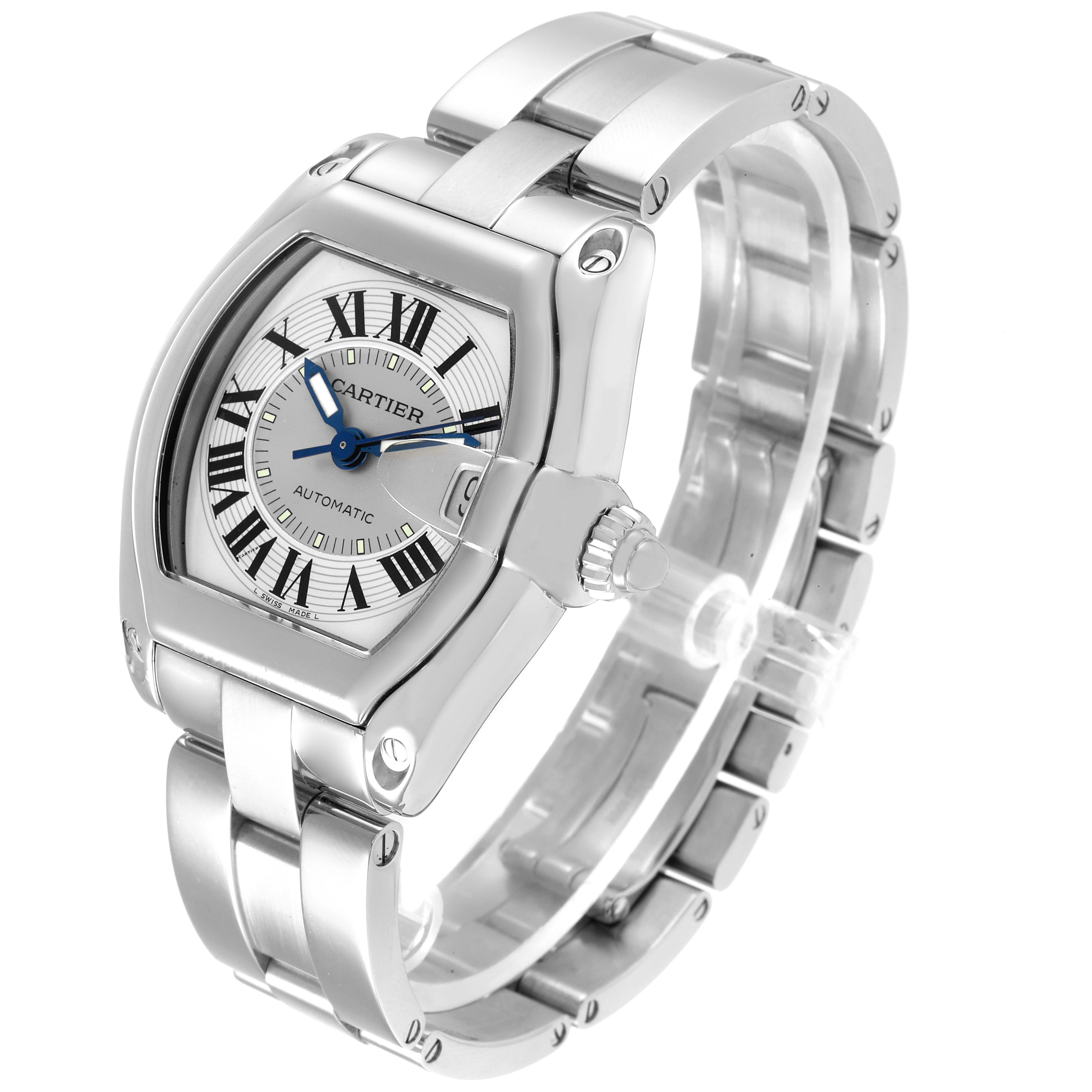 The Cartier Roadster W62000V3 Men
s Stainless Steel Silver Dial W62000V3 Men
s Stainless Steel Silver Dial watch is shown at a three-quarter angle, highlighting the face, bracelet, and crown.