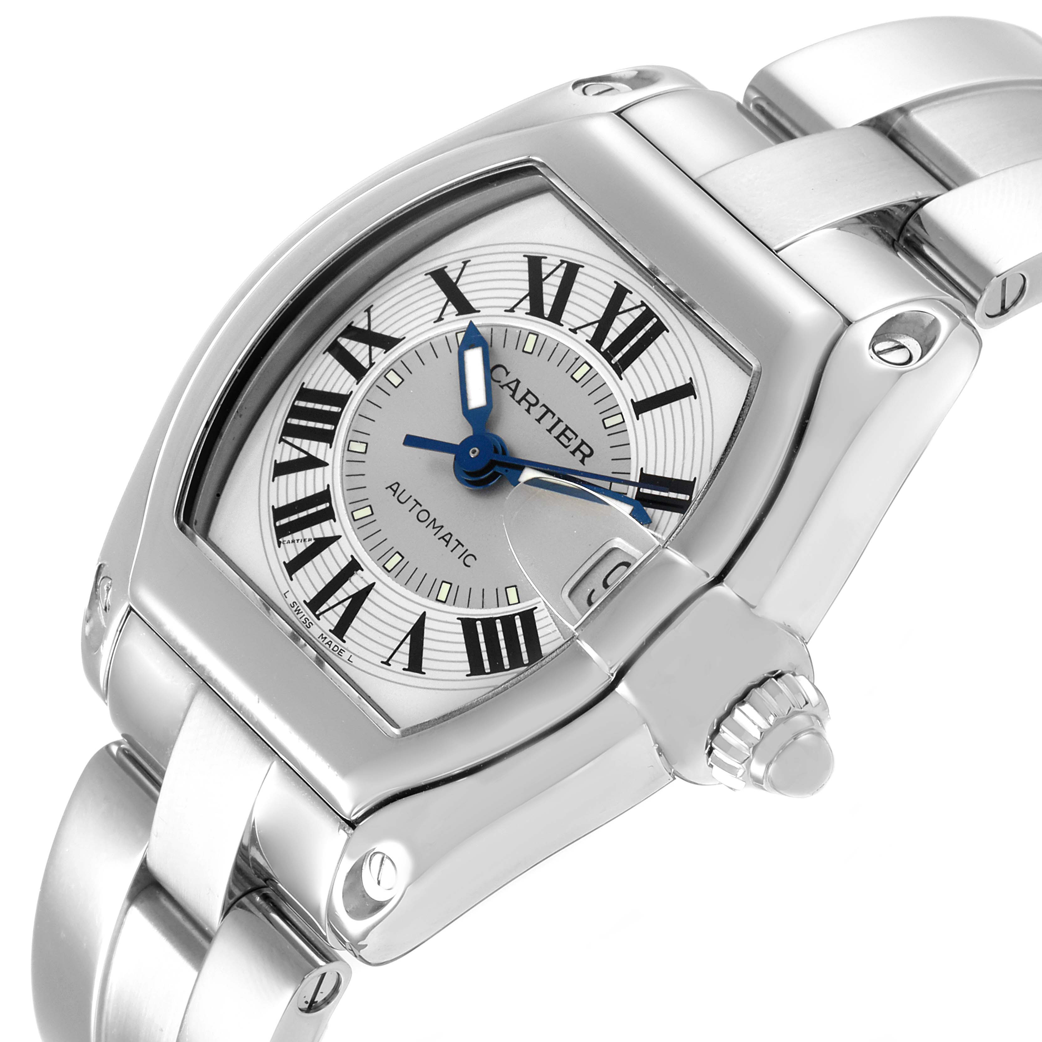 This image shows a Cartier Roadster W62000V3 Men
s Stainless Steel Silver Dial W62000V3 Men
s Stainless Steel Silver Dial watch from an angled perspective, highlighting its face, crown, and part of the metal bracelet.