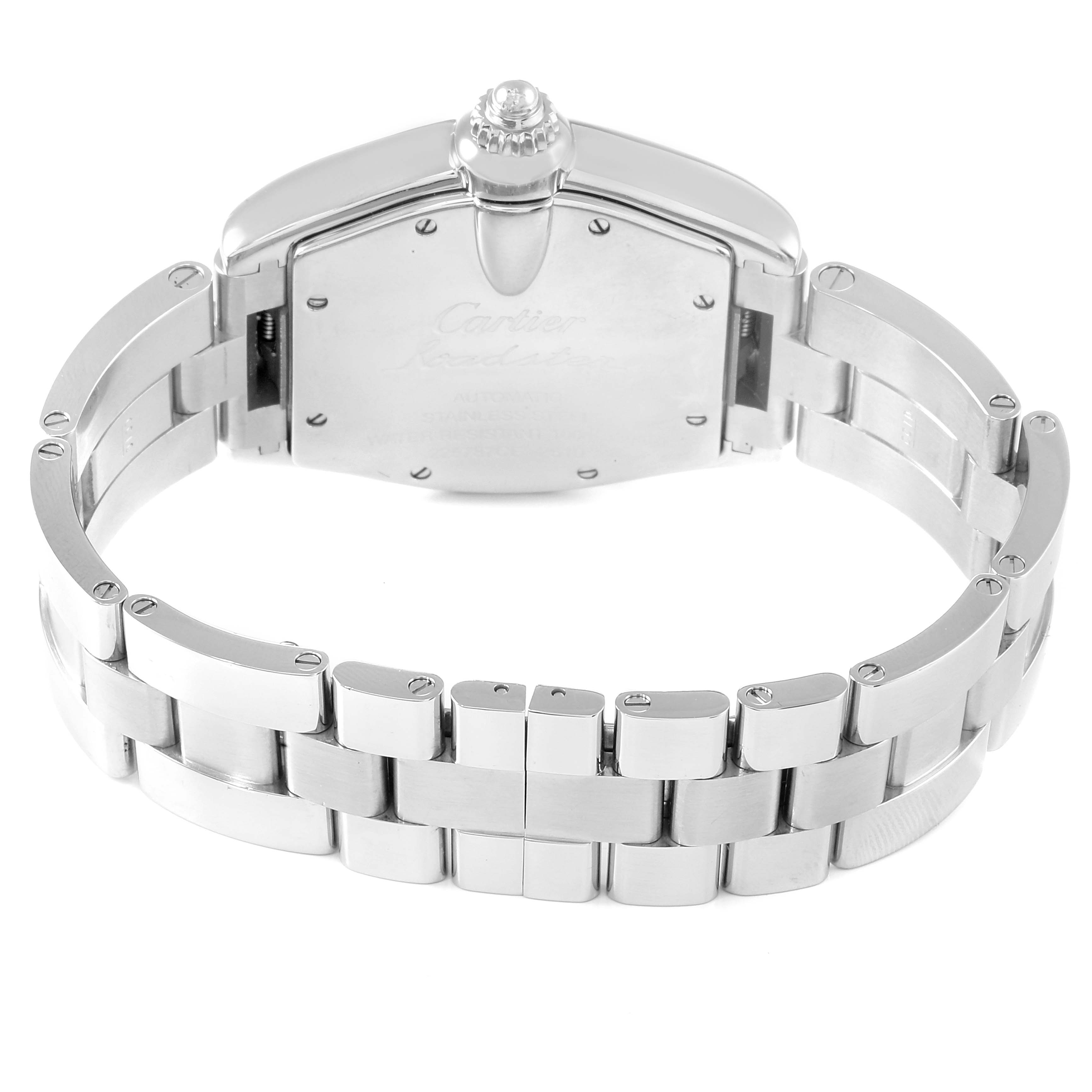 The image shows the back view of the Cartier Roadster W62000V3 Men
s Stainless Steel Silver Dial W62000V3 Men
s Stainless Steel Silver Dial watch, focusing on the case back and metal bracelet.
