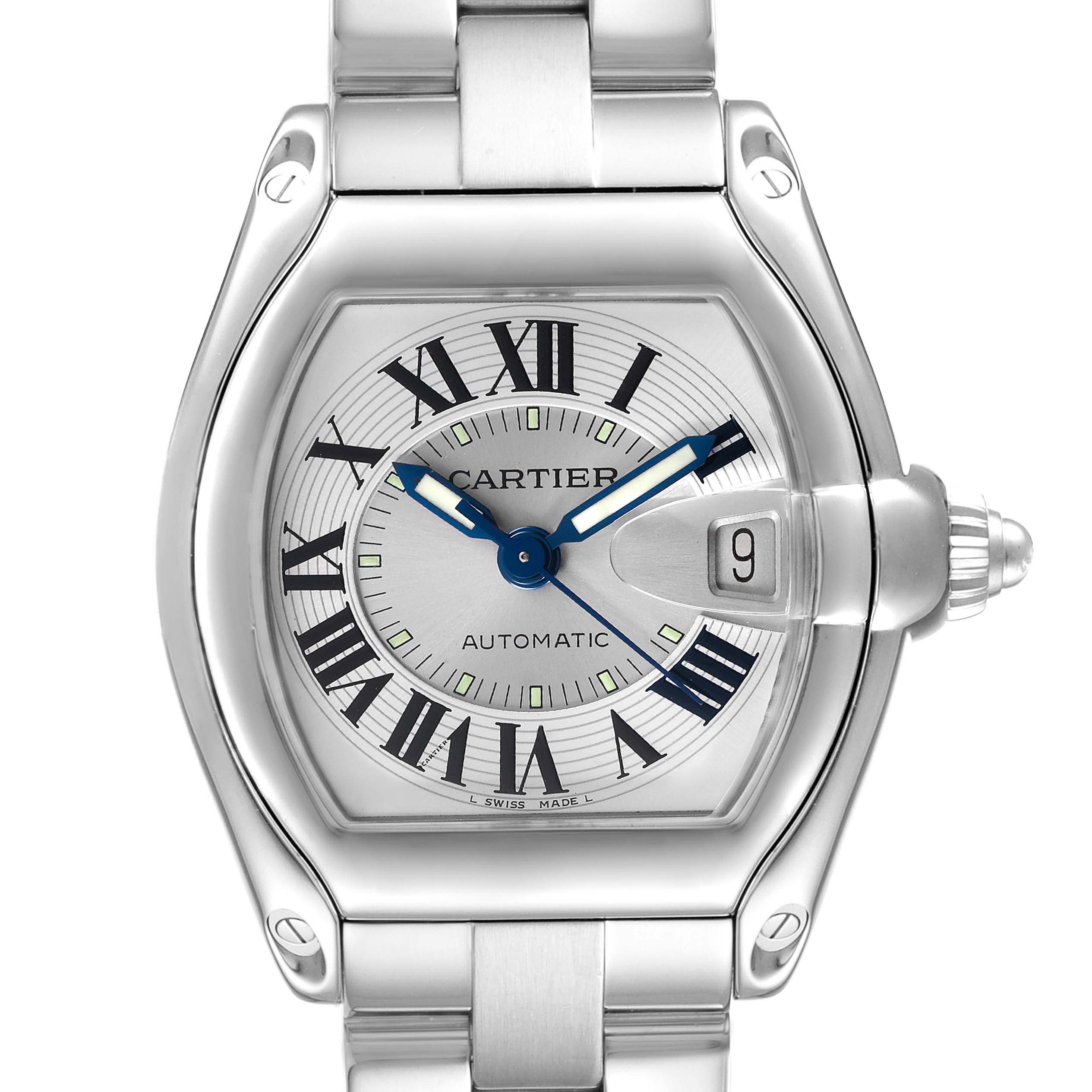 The image shows a front view of the Cartier Roadster W62000V3 Men
s Stainless Steel Silver Dial W62000V3 Men
s Stainless Steel Silver Dial watch, highlighting its dial, hands, and bracelet.