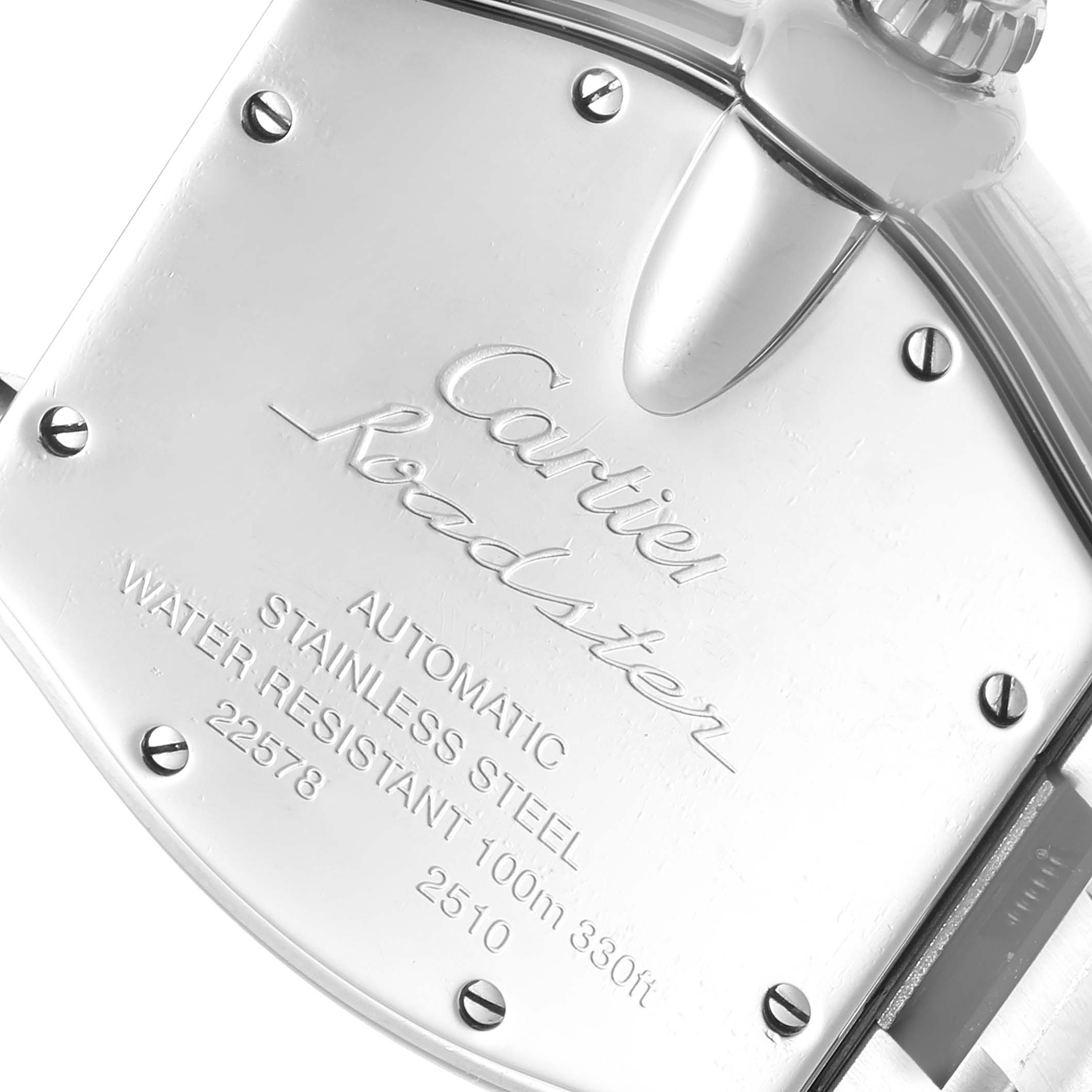 The image shows the engraved case back of the Cartier Roadster W62000V3 Men
s Stainless Steel Silver Dial W62000V3 Men
s Stainless Steel Silver Dial watch from an angled perspective.