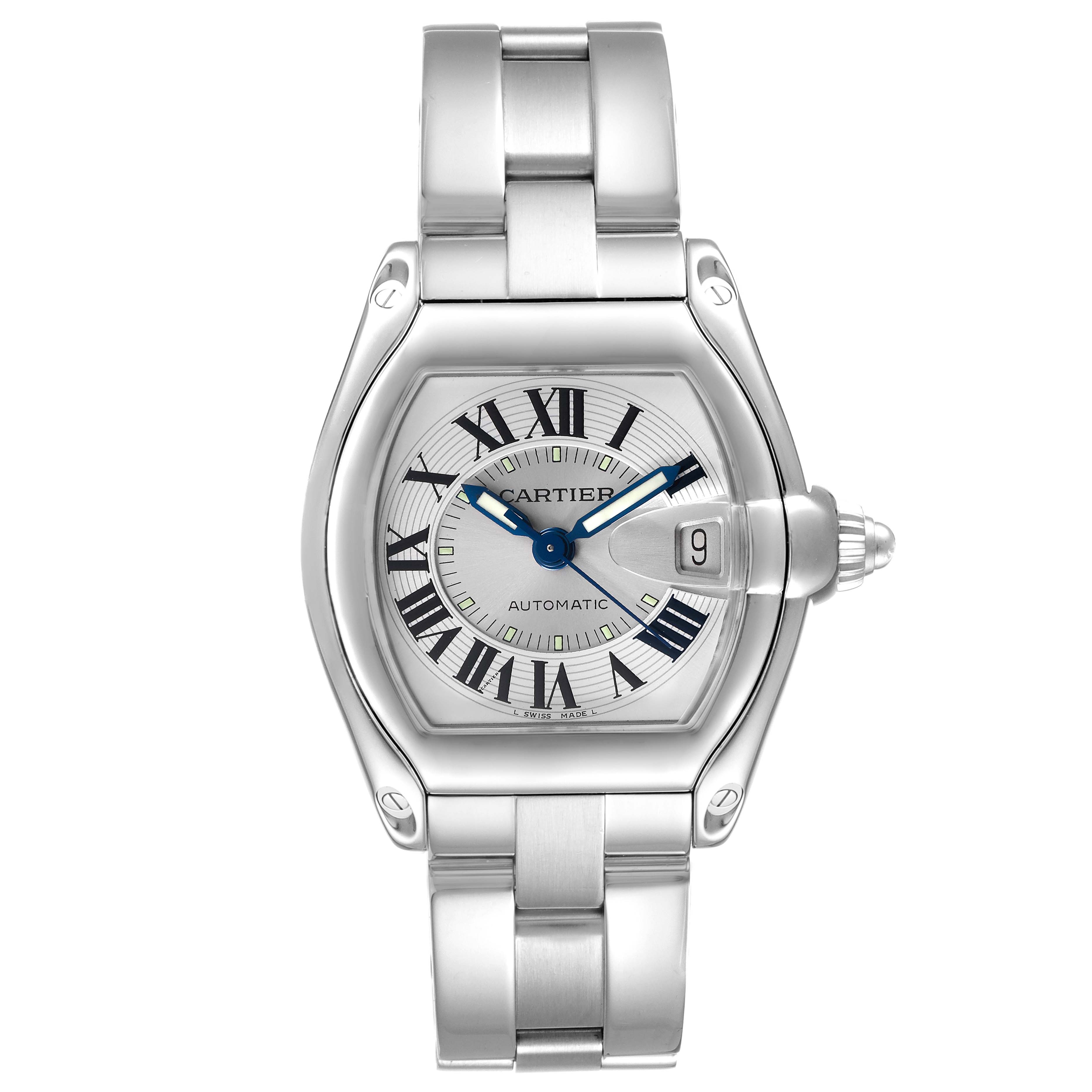The image shows a front view of a Cartier Roadster W62000V3 Men
s Stainless Steel Silver Dial W62000V3 Men
s Stainless Steel Silver Dial watch, highlighting its face, bracelet, and crown.