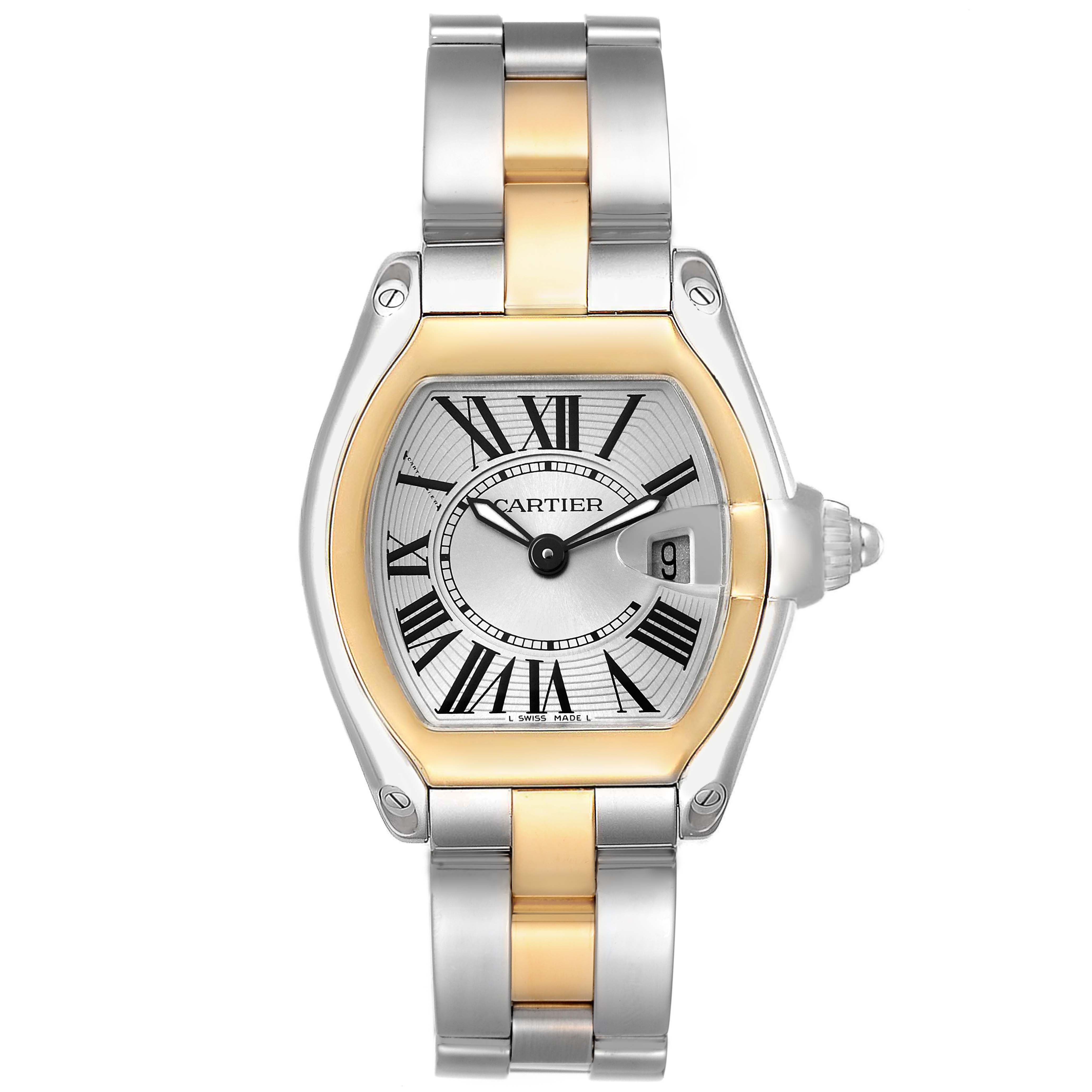 The Cartier Roadster W62026Y4 Women's Steel and Gold (two tone) Silver Dial watch is shown from a frontal view, featuring its face, bezel, crown, and part of the bracelet.