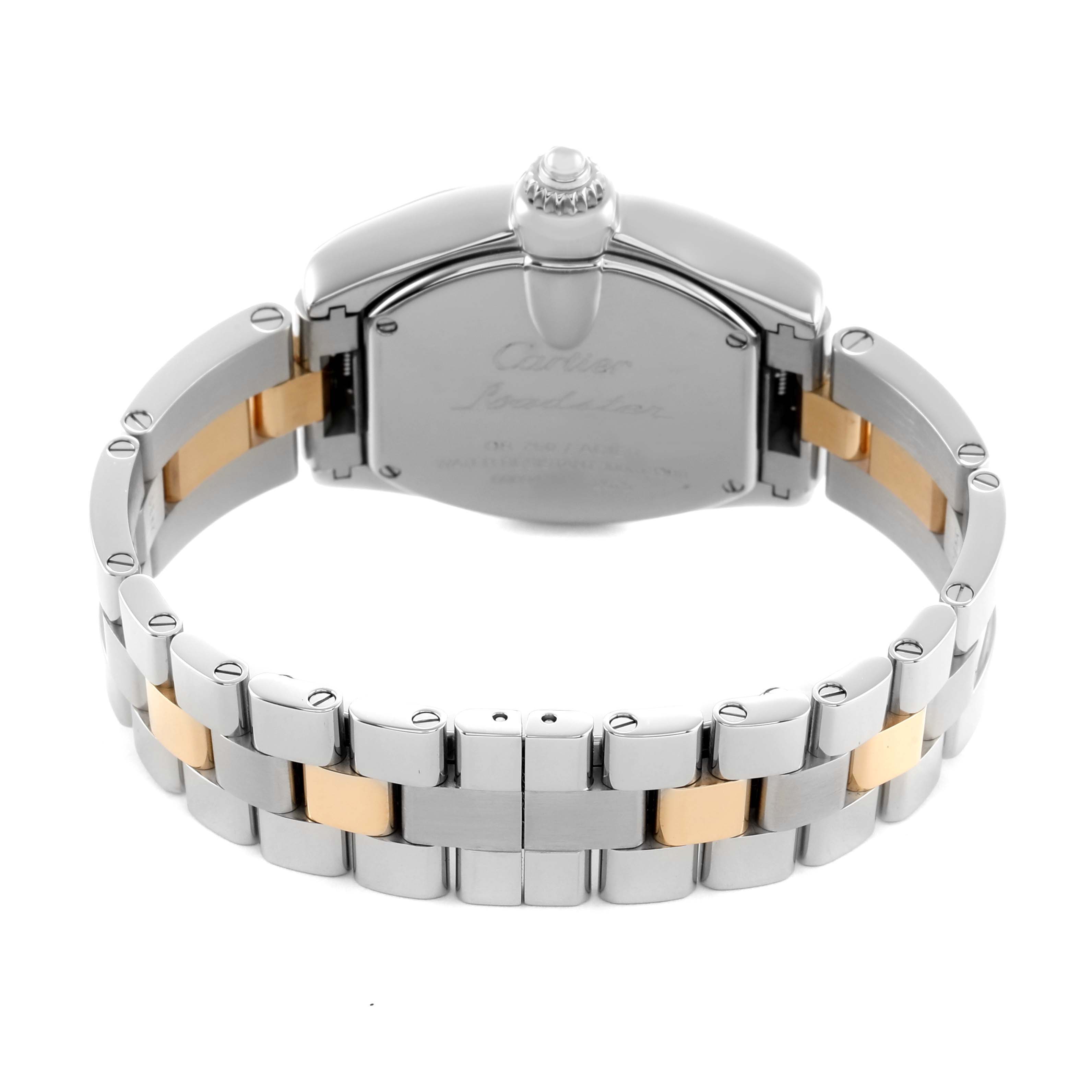 The image shows the back case and bracelet of a Cartier Roadster W62026Y4 Women's Steel and Gold (two tone) Silver Dial watch from a rear angle.