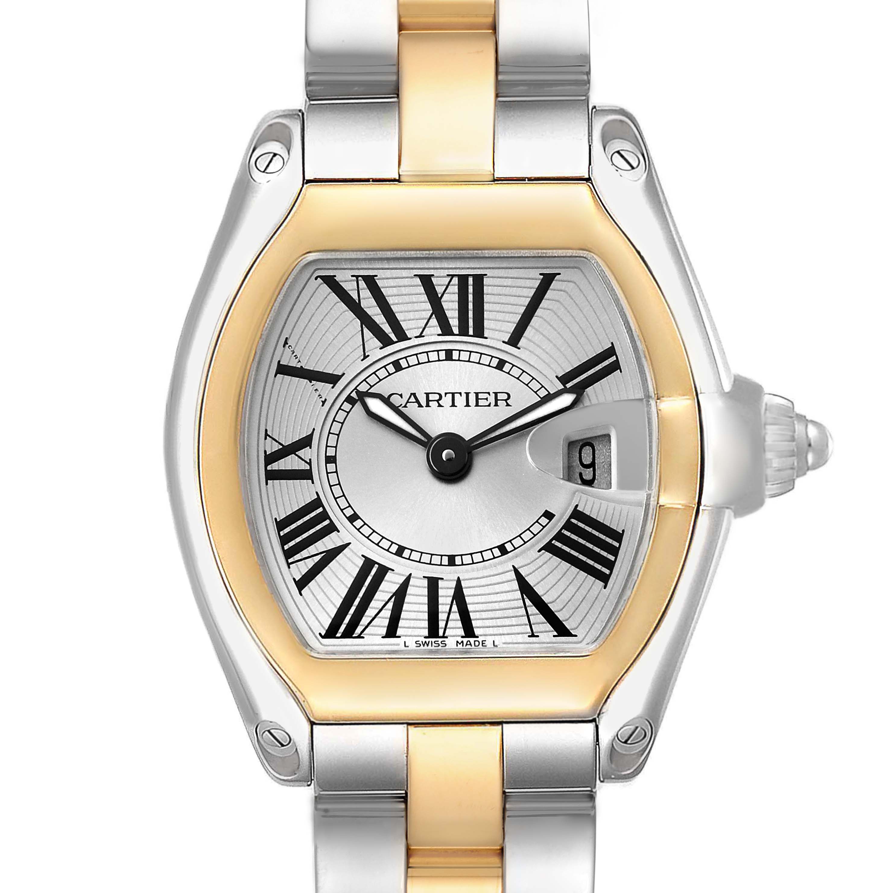 The Cartier Roadster W62026Y4 Women's Steel and Gold (two tone) Silver Dial watch is shown from the front, highlighting the face, Roman numerals, and date window.