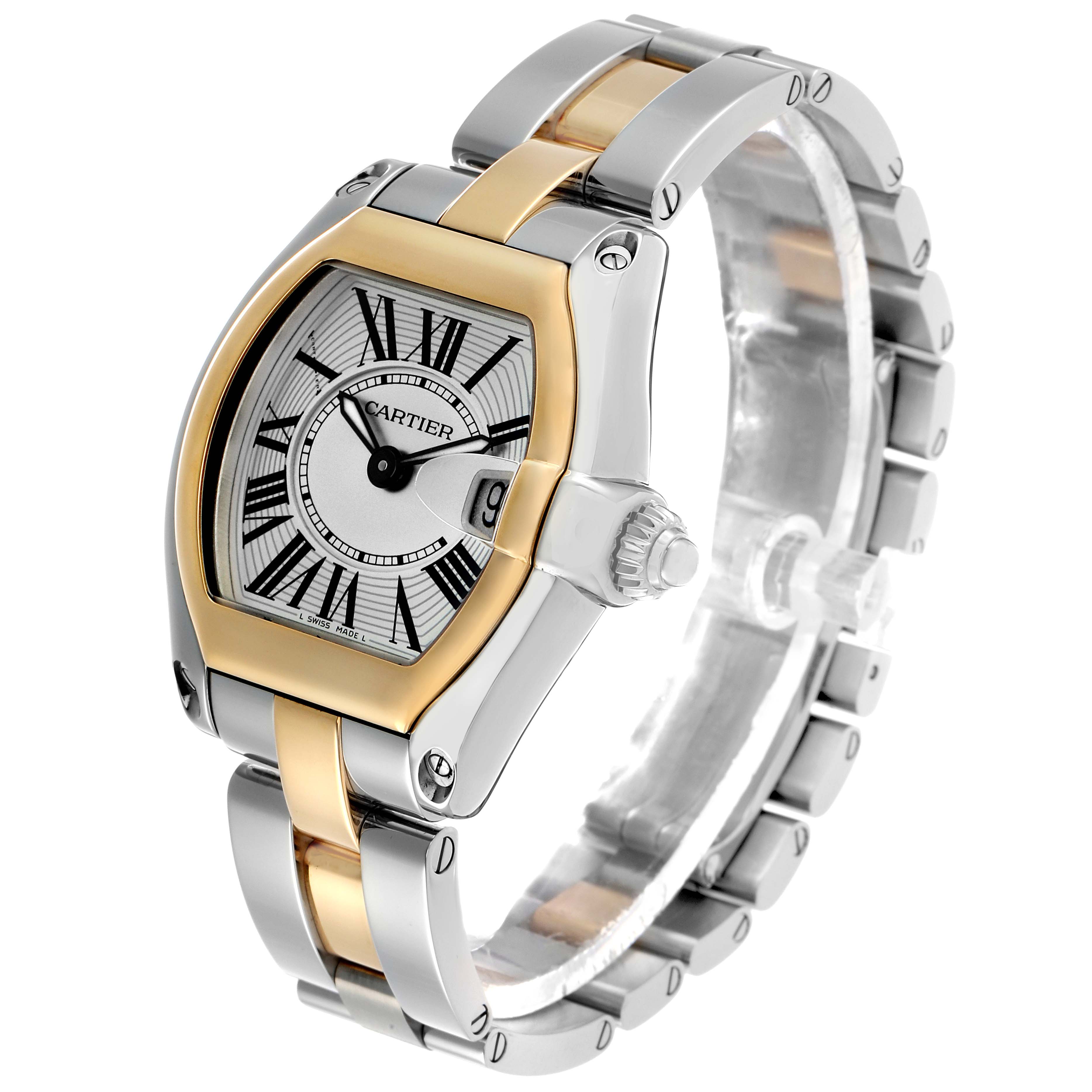 This Cartier Roadster W62026Y4 Women's Steel and Gold (two tone) Silver Dial watch is shown at a three-quarter angle, highlighting the dial, crown, bezel, and bracelet.