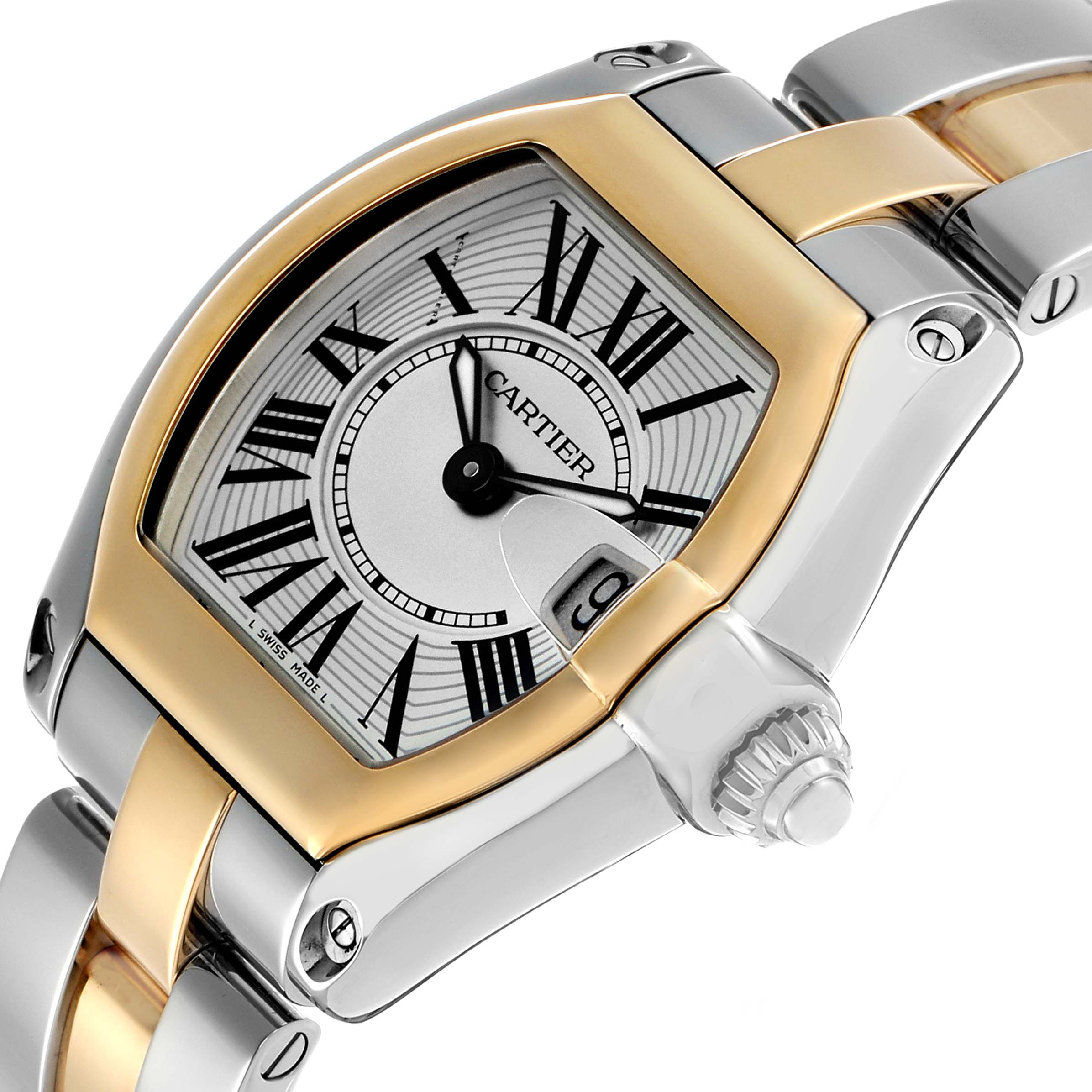 The Cartier Roadster W62026Y4 Women's Steel and Gold (two tone) Silver Dial watch is shown at an angled view, highlighting the dial, crown, and part of the bracelet.