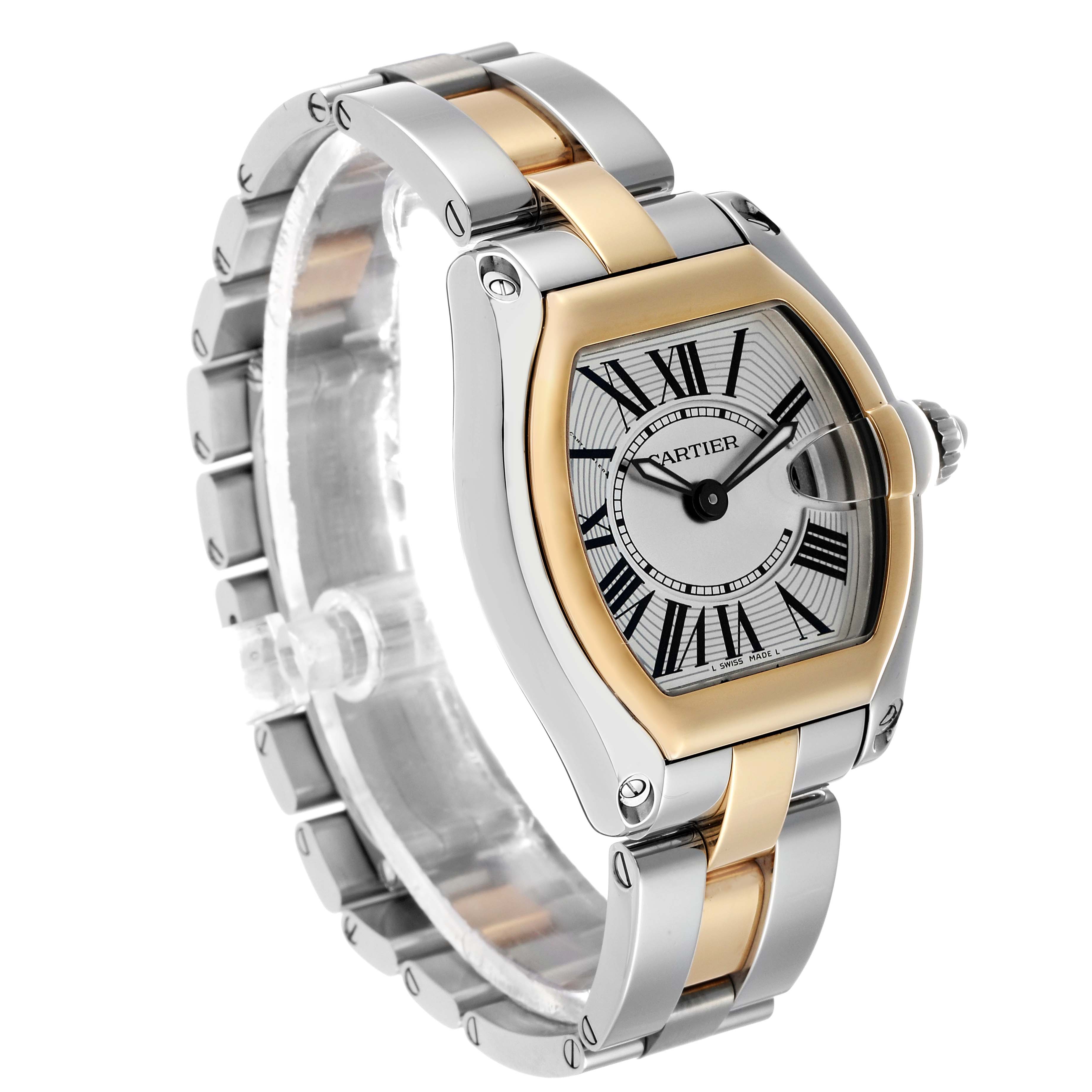 The Cartier Roadster W62026Y4 Women's Steel and Gold (two tone) Silver Dial watch is shown at a three-quarter angle highlighting its two-tone bracelet and rounded tonneau case.