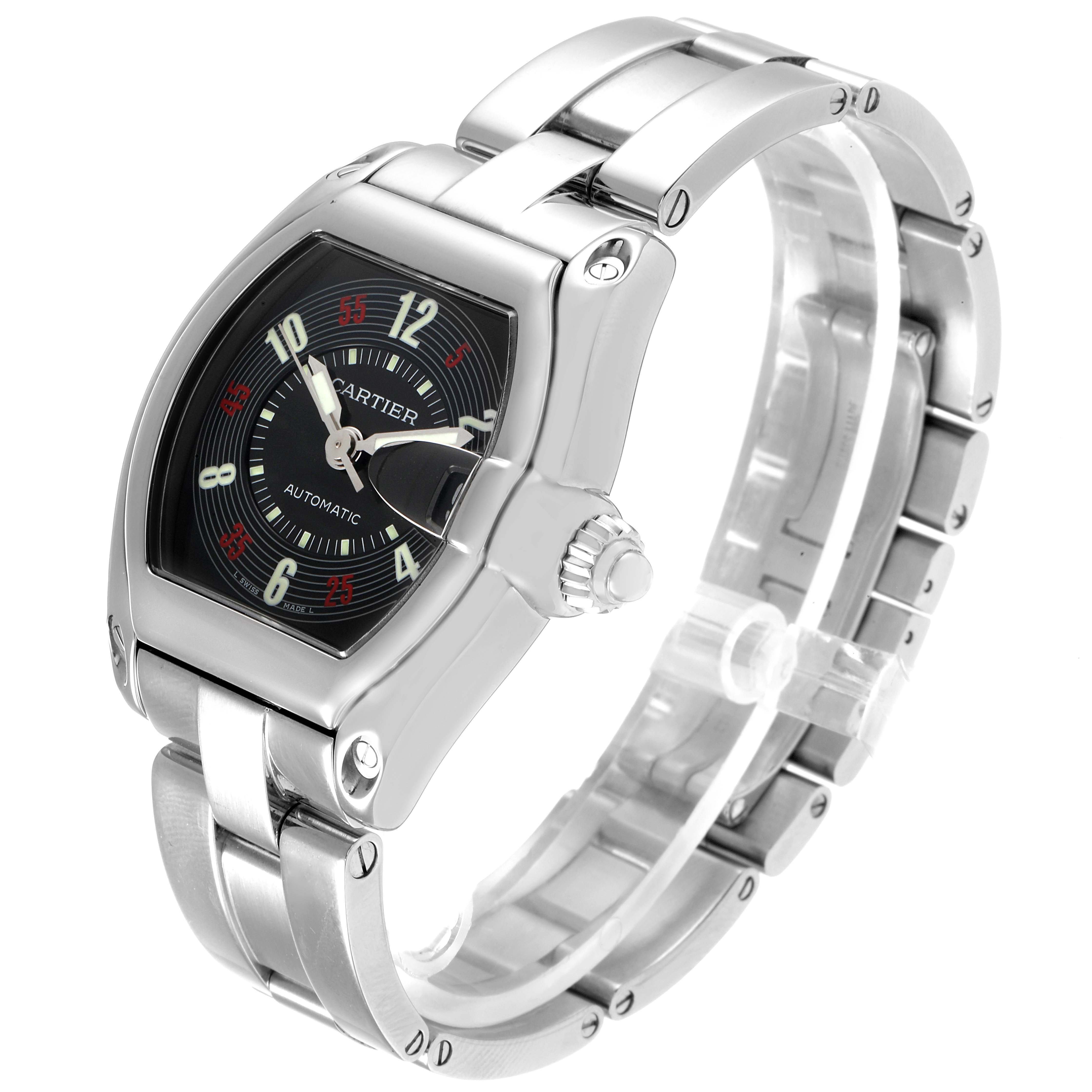The image shows a Cartier Roadster W62002V3 Men
s Stainless Steel Black Dial W62002V3 Men
s Stainless Steel Black Dial wristwatch at a slight angle, displaying the face, crown, and metal bracelet.