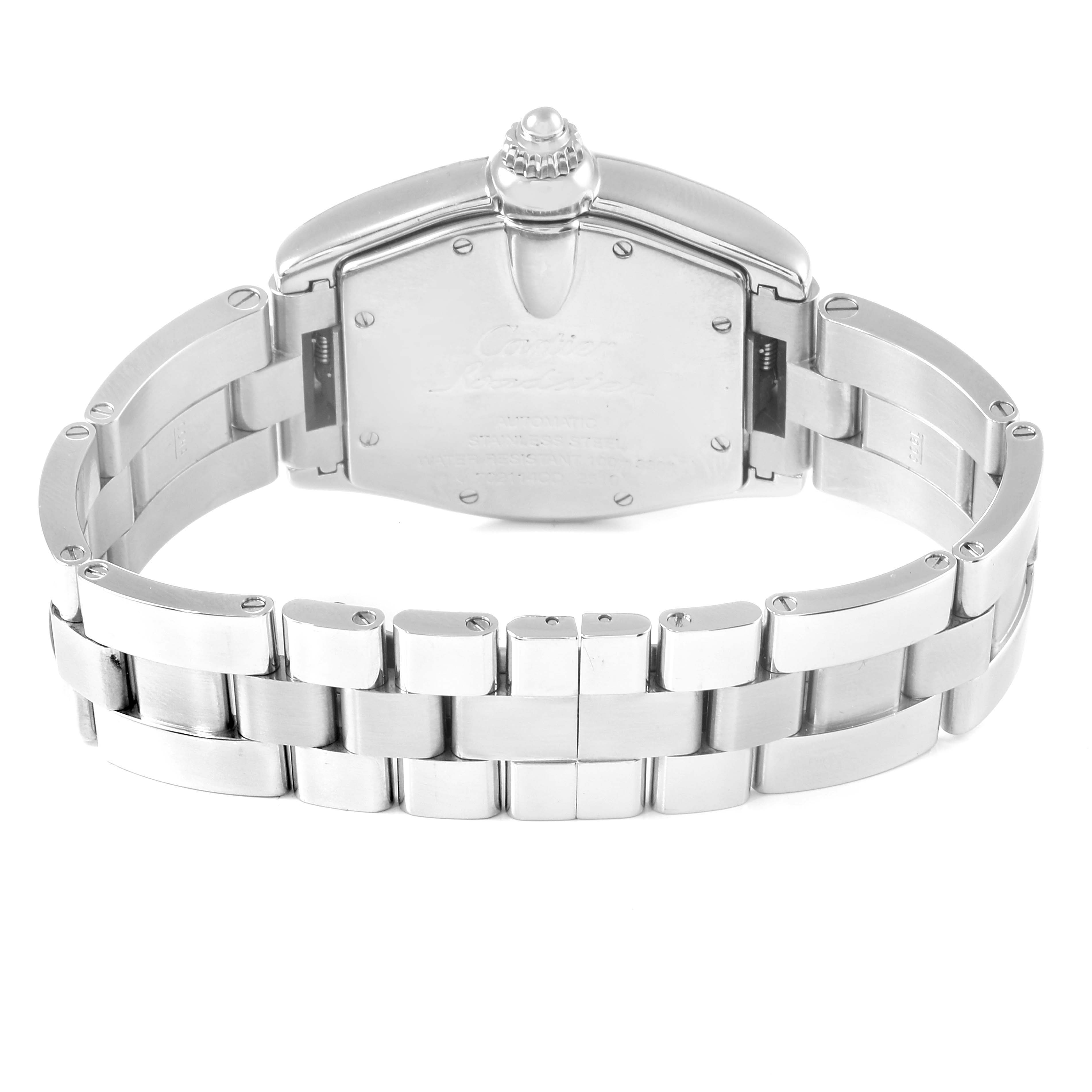 This is the back view of a Cartier Roadster W62002V3 Men
s Stainless Steel Black Dial W62002V3 Men
s Stainless Steel Black Dial watch, showcasing its stainless steel case and bracelet.