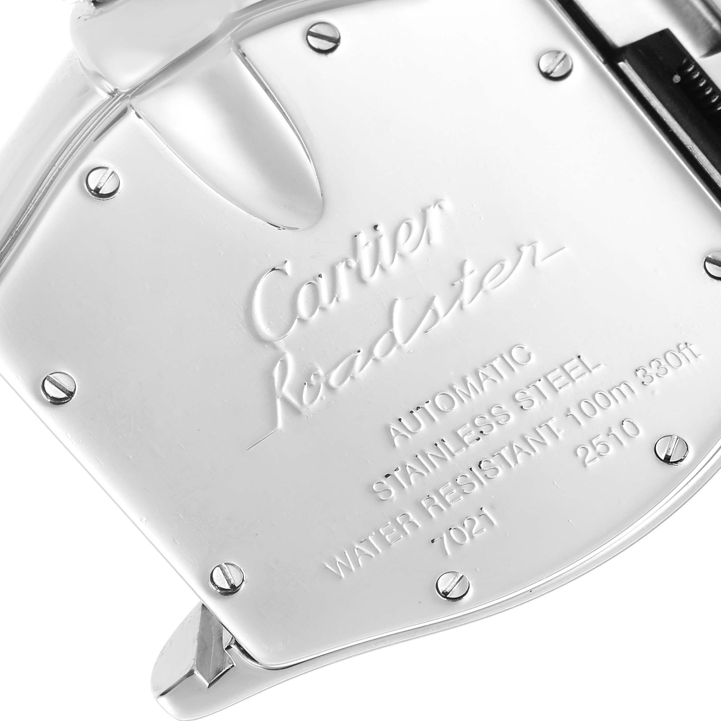 This image shows the back view of a Cartier Roadster W62002V3 Men
s Stainless Steel Black Dial W62002V3 Men
s Stainless Steel Black Dial watch, highlighting the brand, model, and specifications.