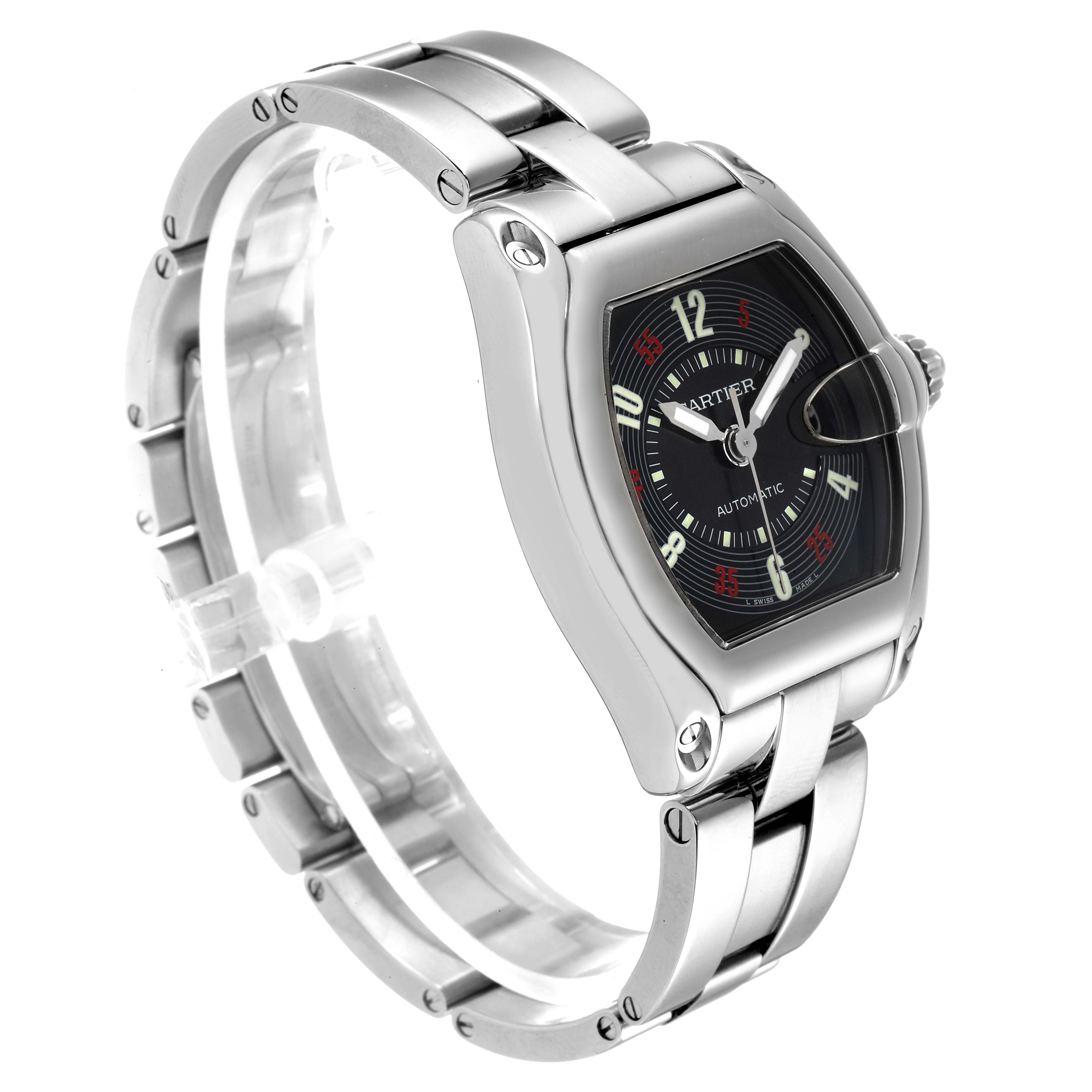 The Cartier Roadster W62002V3 Men
s Stainless Steel Black Dial W62002V3 Men
s Stainless Steel Black Dial watch is shown at a slight angle, highlighting its stainless steel casing and bracelet.