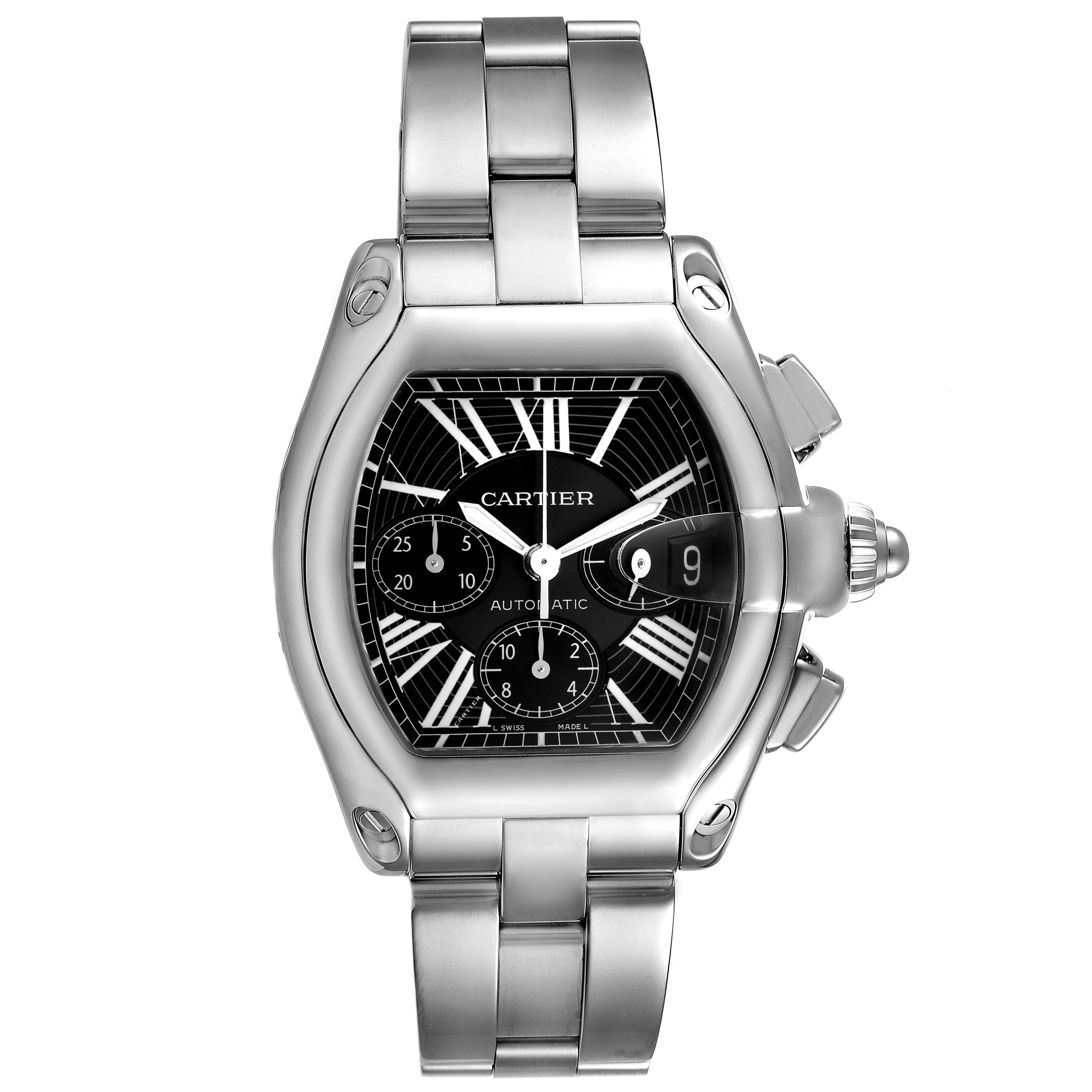 This image shows a front view of the Cartier Roadster W62020X6 Men
s Stainless Steel Black Dial W62020X6 Men
s Stainless Steel Black Dial watch, highlighting its face, bezel, and metal bracelet.