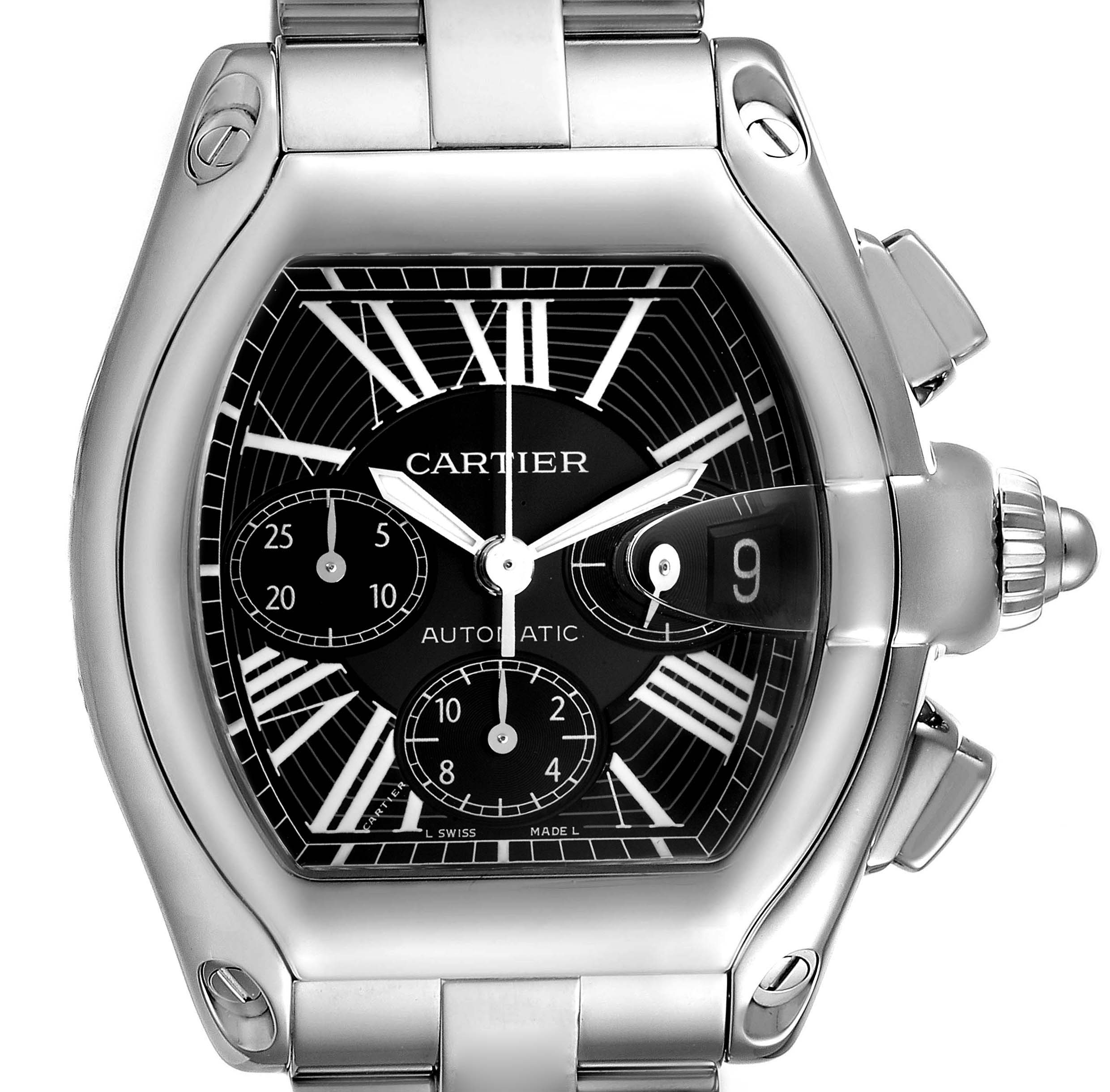 The image shows a frontal view of a Cartier Roadster W62020X6 Men
s Stainless Steel Black Dial W62020X6 Men
s Stainless Steel Black Dial watch, detailing the dial, hands, and part of the metal bracelet.
