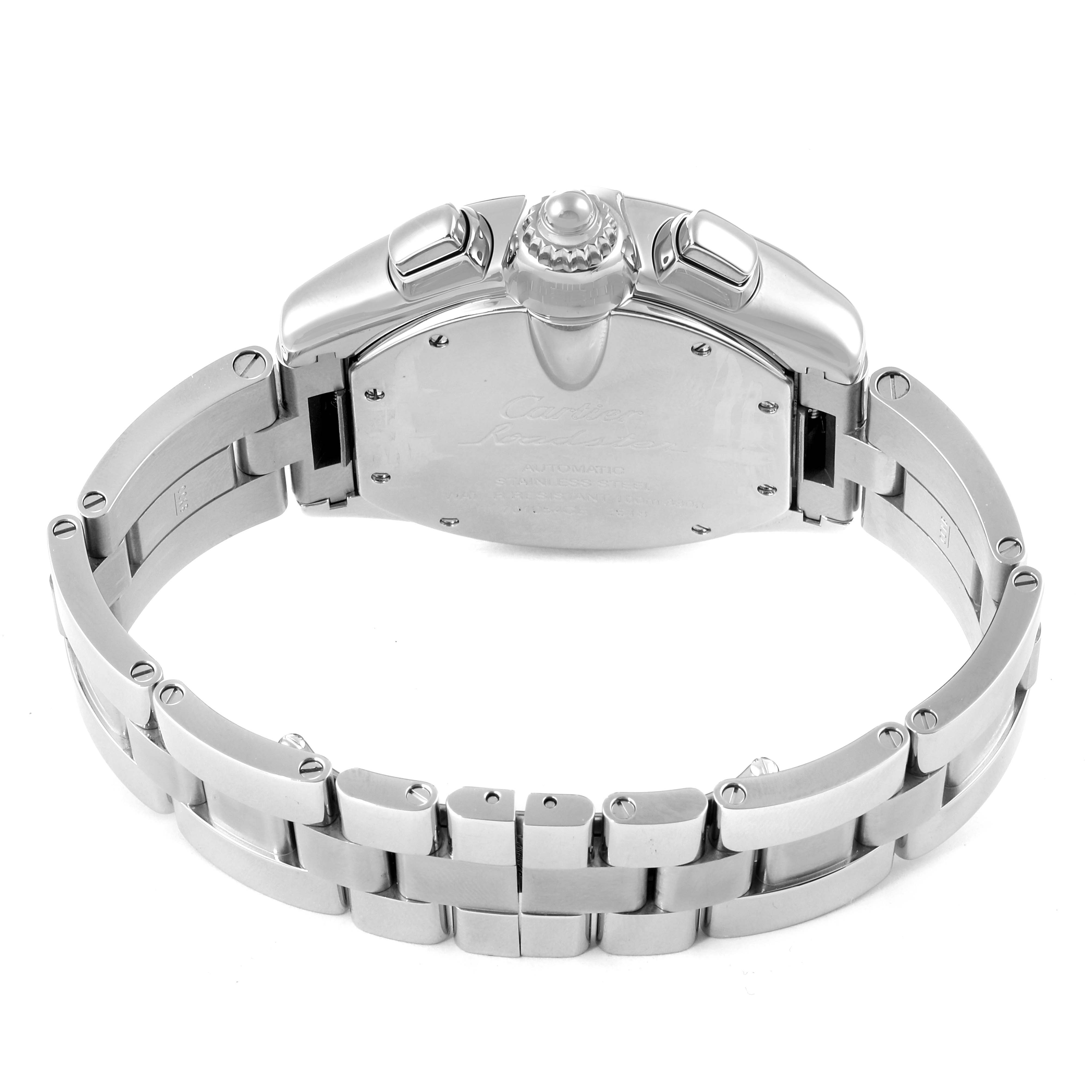 The image shows the back and bracelet of a Cartier Roadster W62020X6 Men
s Stainless Steel Black Dial W62020X6 Men
s Stainless Steel Black Dial watch, highlighting the clasp and caseback details.