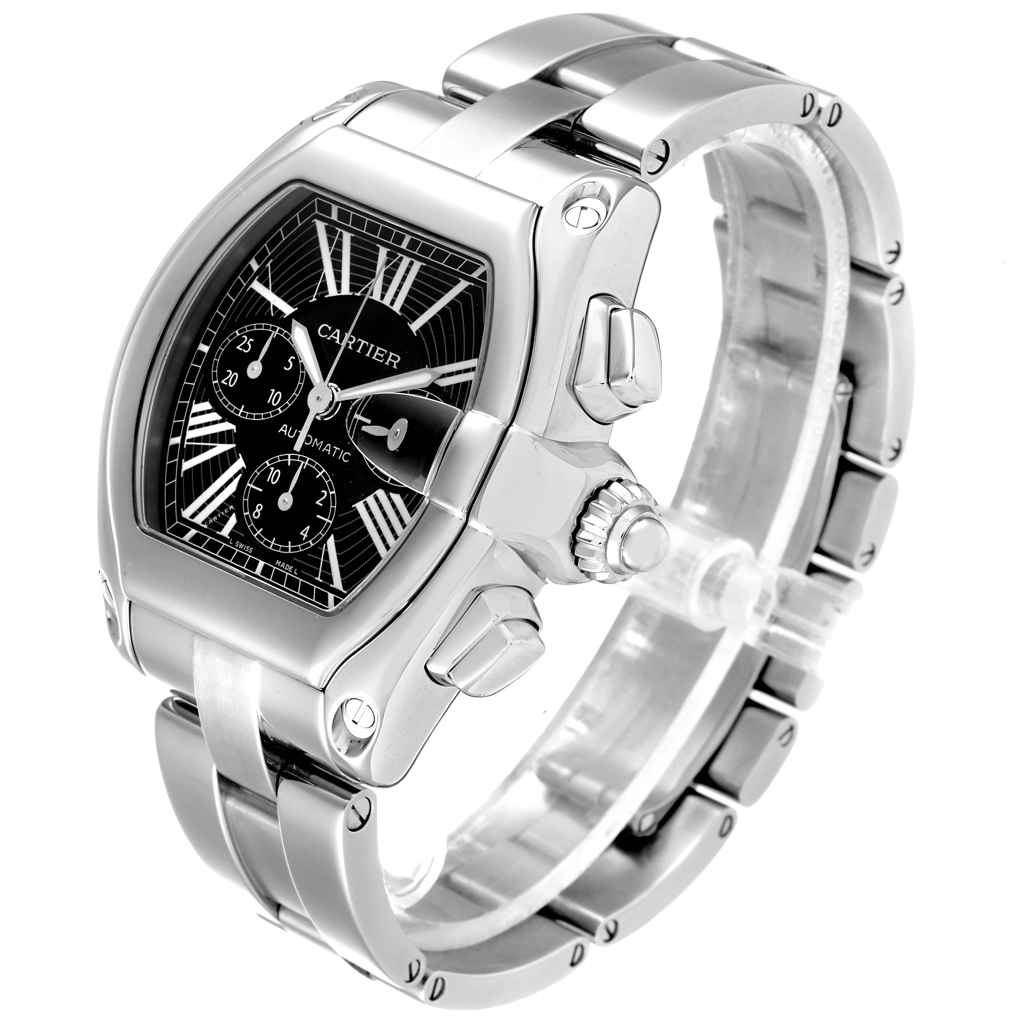 The image shows a side-angle view of the Cartier Roadster W62020X6 Men
s Stainless Steel Black Dial W62020X6 Men
s Stainless Steel Black Dial watch, highlighting its case, crown, dial, and bracelet.