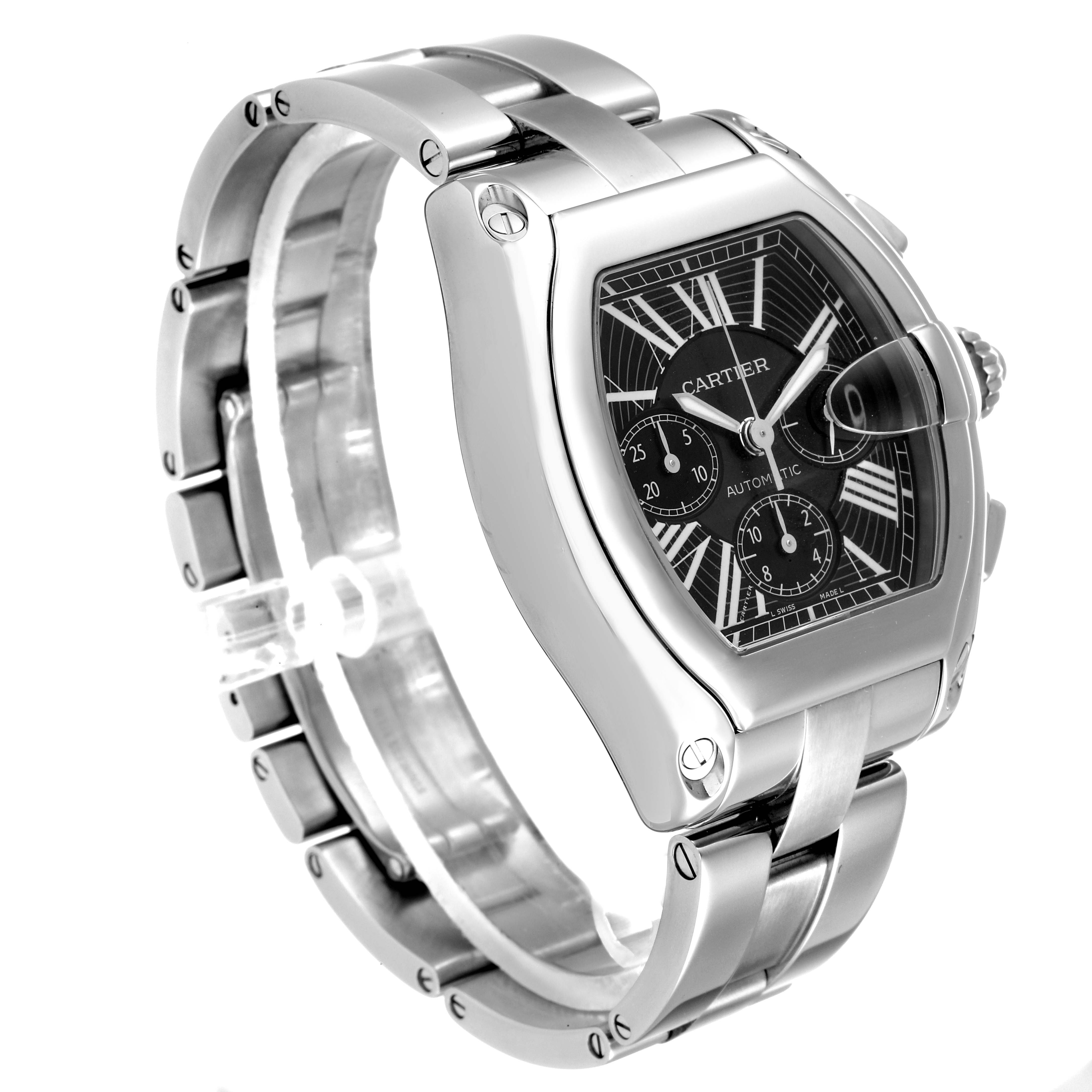 The image shows a side angle of the Cartier Roadster W62020X6 Men
s Stainless Steel Black Dial W62020X6 Men
s Stainless Steel Black Dial watch, highlighting its stainless steel bracelet and black dial.