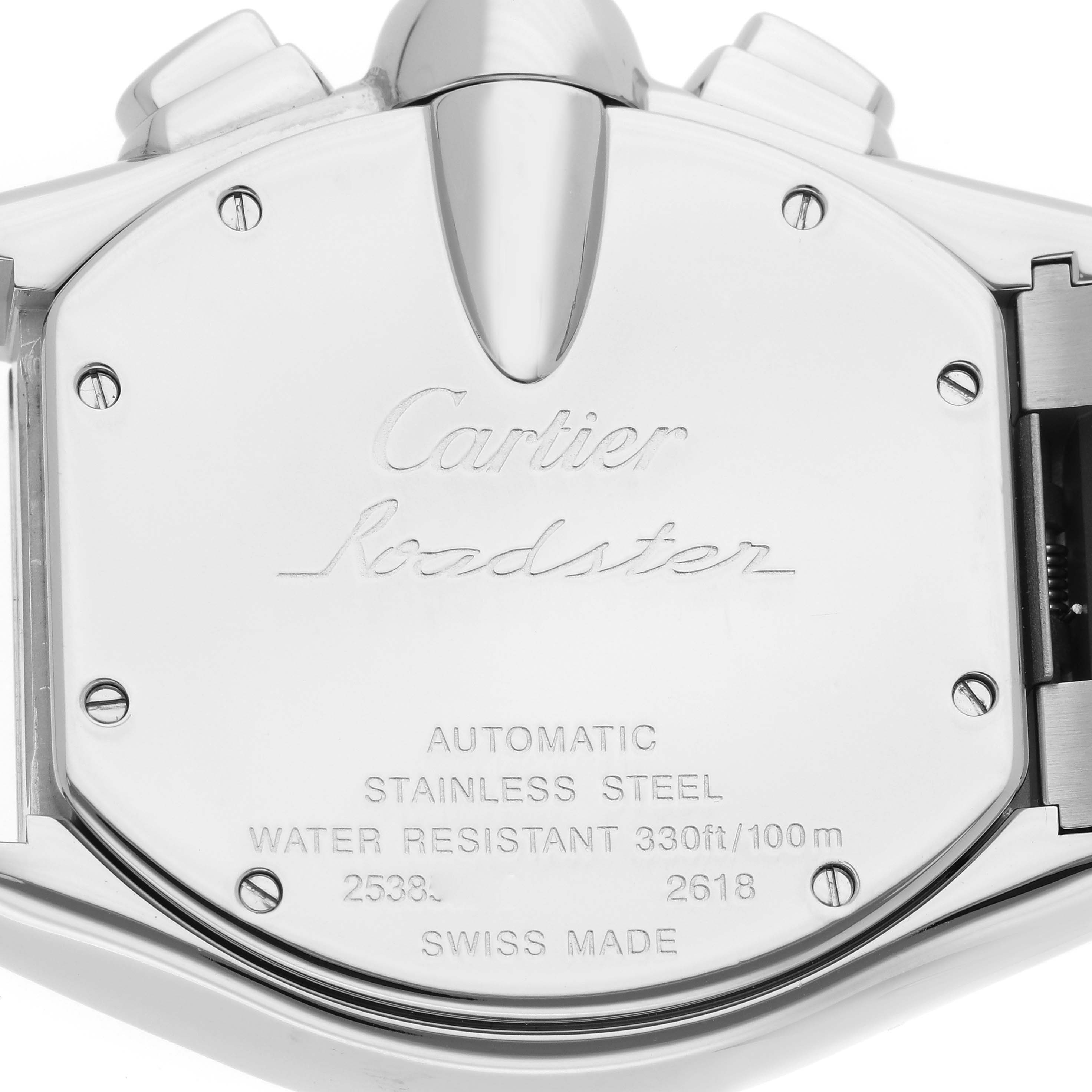 The image shows the back case of a Cartier Roadster W62020X6 Men's Stainless Steel Black Dial W62020X6 Men's Stainless Steel Black Dial watch, highlighting its branding and specifications.