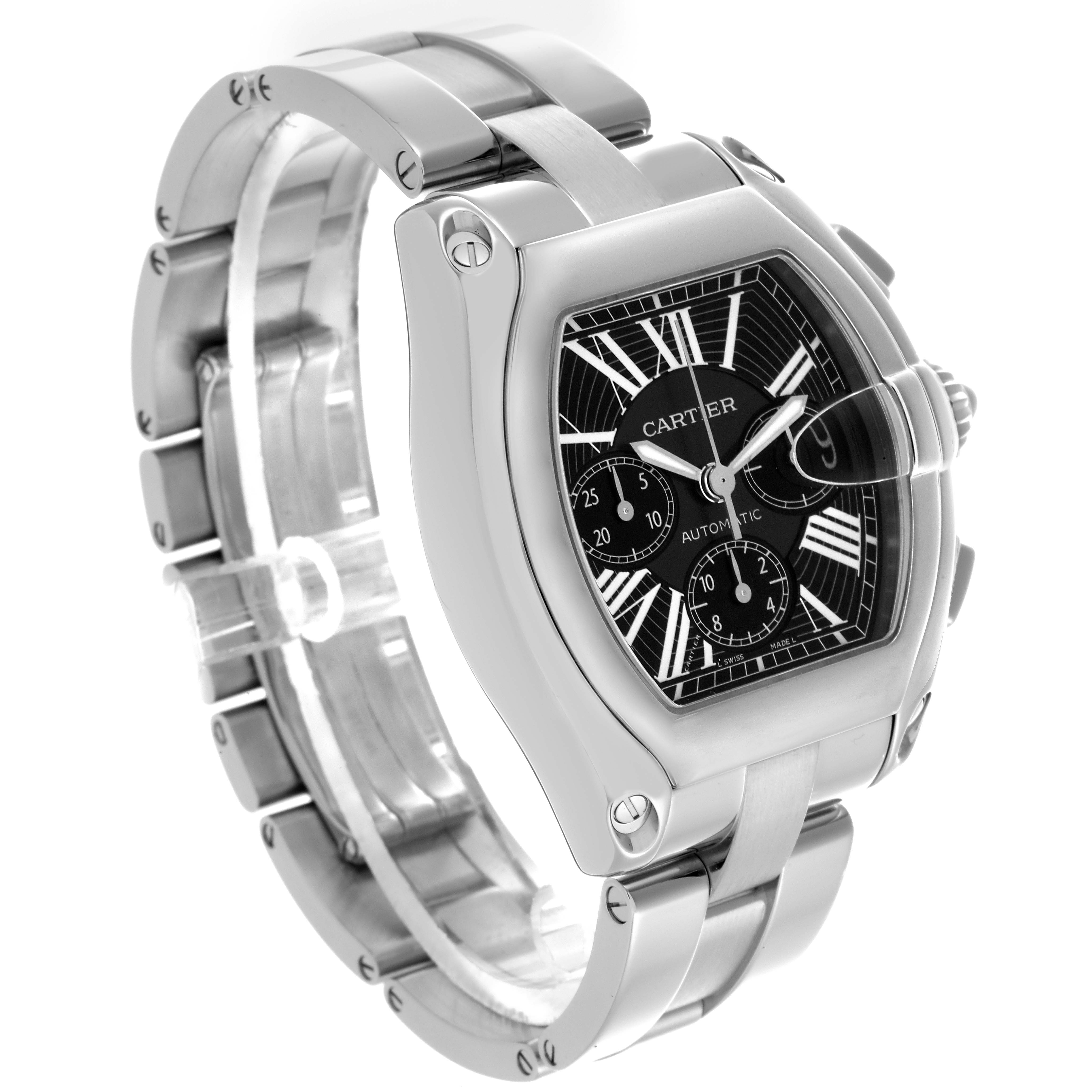 The Cartier Roadster W62020X6 Men's Stainless Steel Black Dial W62020X6 Men's Stainless Steel Black Dial watch is shown at a three-quarter angle, highlighting the dial, case, and bracelet.