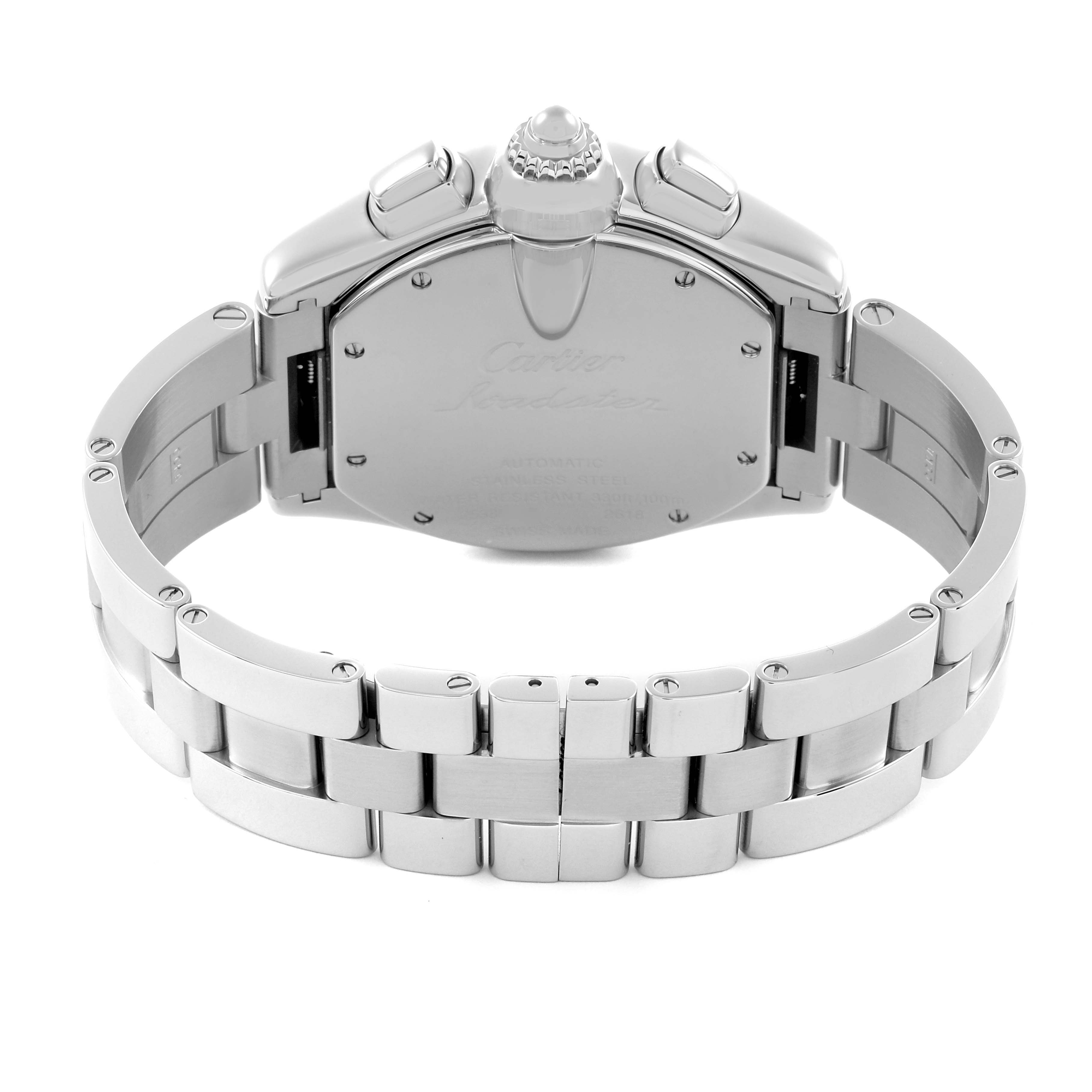 The Cartier Roadster W62020X6 Men's Stainless Steel Black Dial W62020X6 Men's Stainless Steel Black Dial watch is shown from the back, displaying the case back and bracelet.