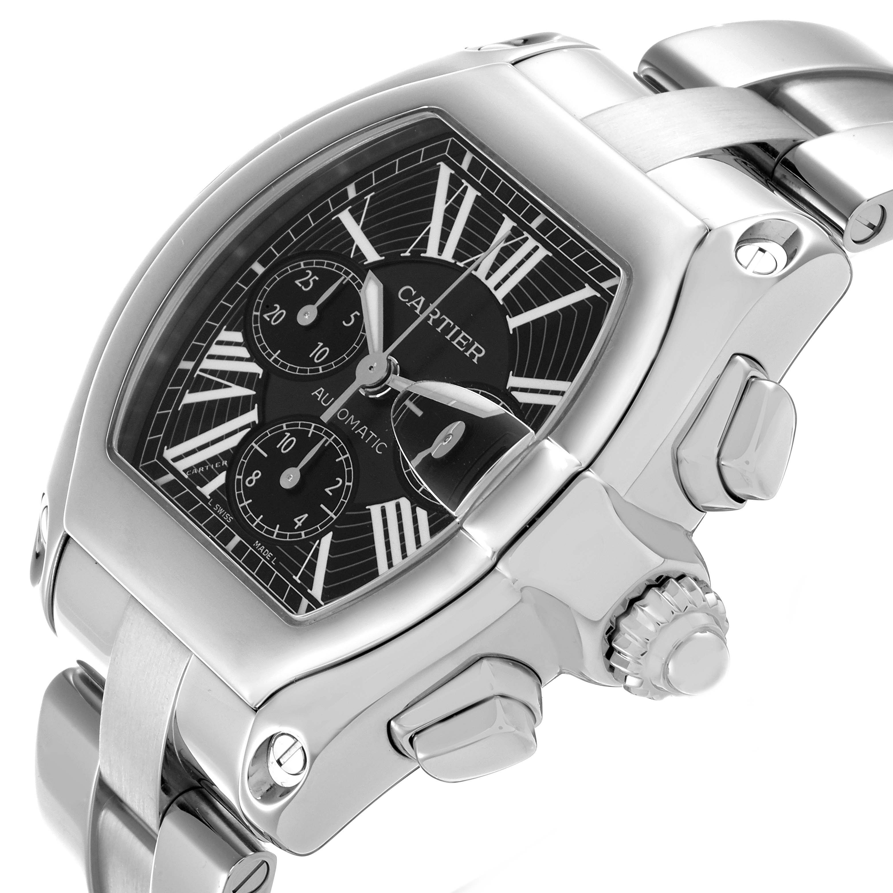 The Cartier Roadster W62020X6 Men's Stainless Steel Black Dial W62020X6 Men's Stainless Steel Black Dial watch is shown at an angle highlighting the case, dial, crown, and part of the bracelet.