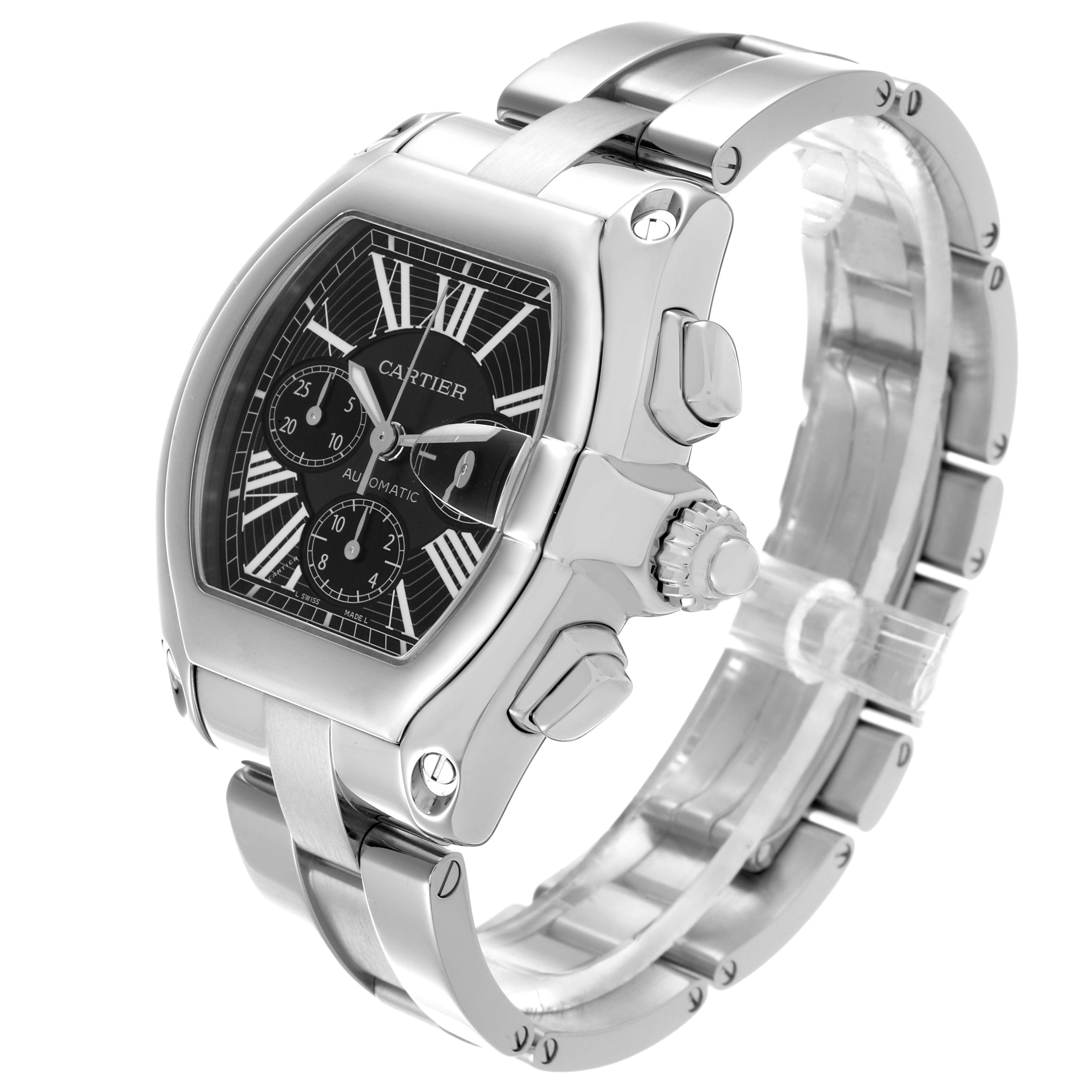 The Cartier Roadster W62020X6 Men's Stainless Steel Black Dial W62020X6 Men's Stainless Steel Black Dial watch is shown at a three-quarter angle, highlighting the face, crown, and bracelet.