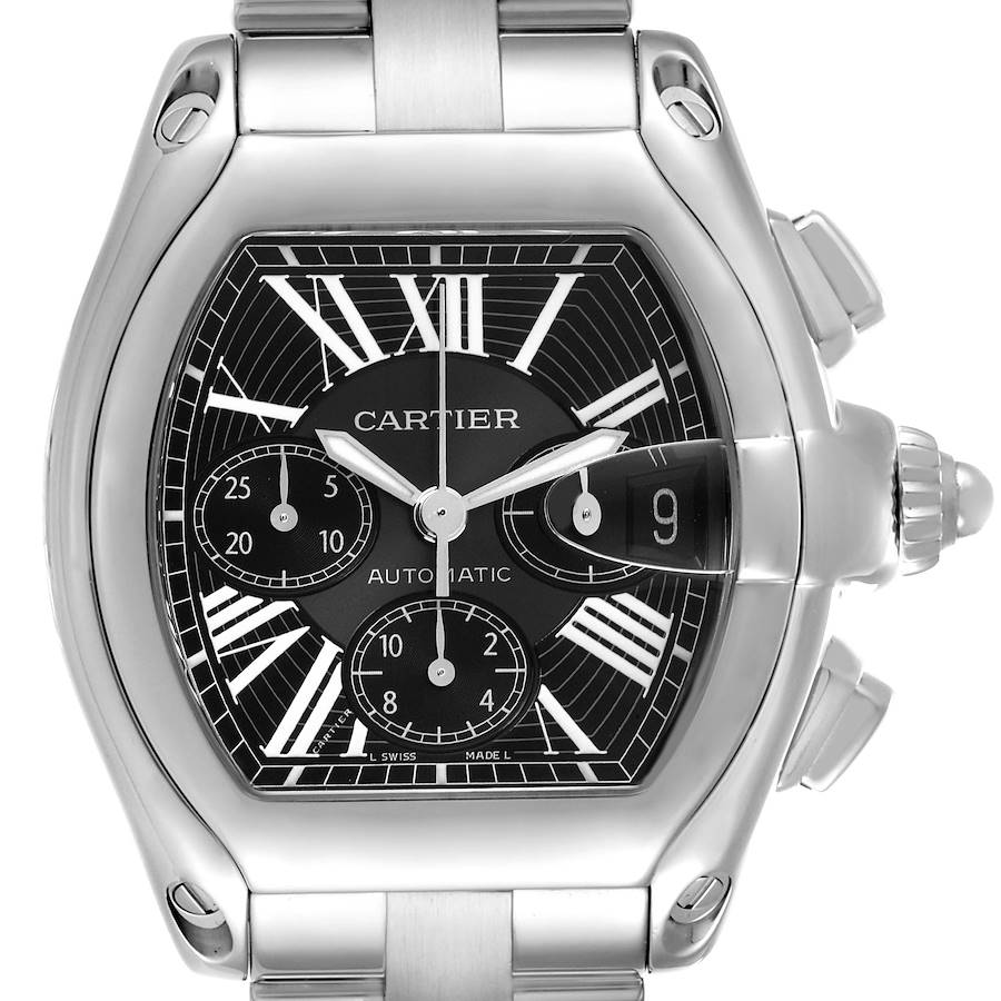 The Cartier Roadster watch is shown from a front angle, displaying its dial, crown, and chronograph pushers.