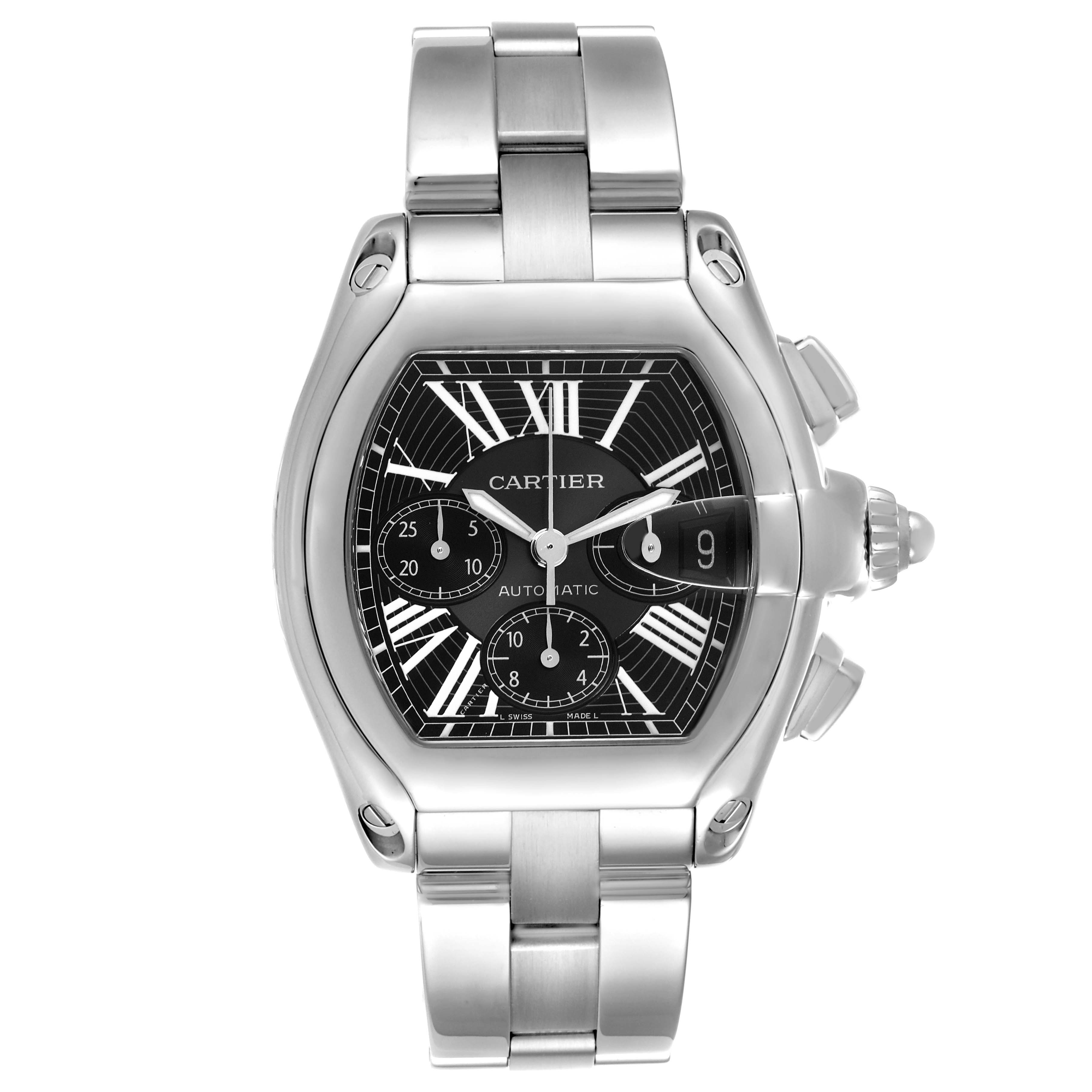 The Cartier Roadster W62020X6 Men's Stainless Steel Black Dial W62020X6 Men's Stainless Steel Black Dial watch is shown front-facing, highlighting the face, crown, and bracelet.