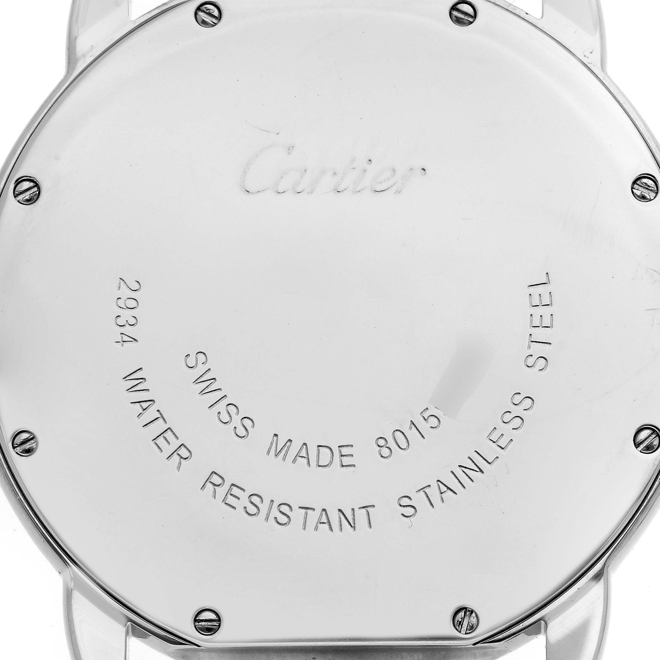The image shows the back of the Cartier Ronde W6701005 Men
s Stainless Steel Silver Dial W6701005 Men
s Stainless Steel Silver Dial watch, highlighting the stainless steel case and engraved details.
