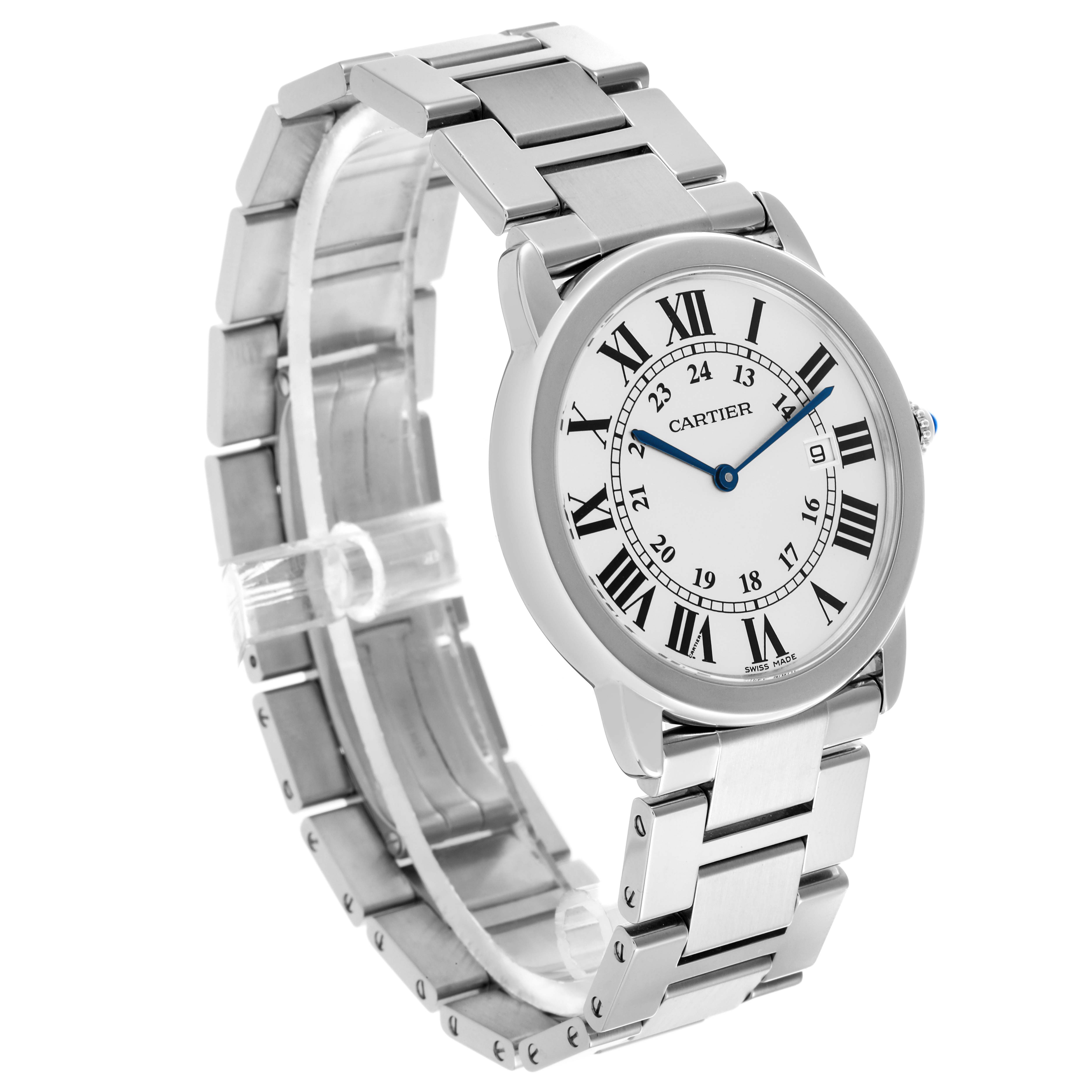 The Cartier Ronde W6701005 Men
s Stainless Steel Silver Dial W6701005 Men
s Stainless Steel Silver Dial watch is shown at a three-quarter angle, highlighting the face and part of the metal bracelet.