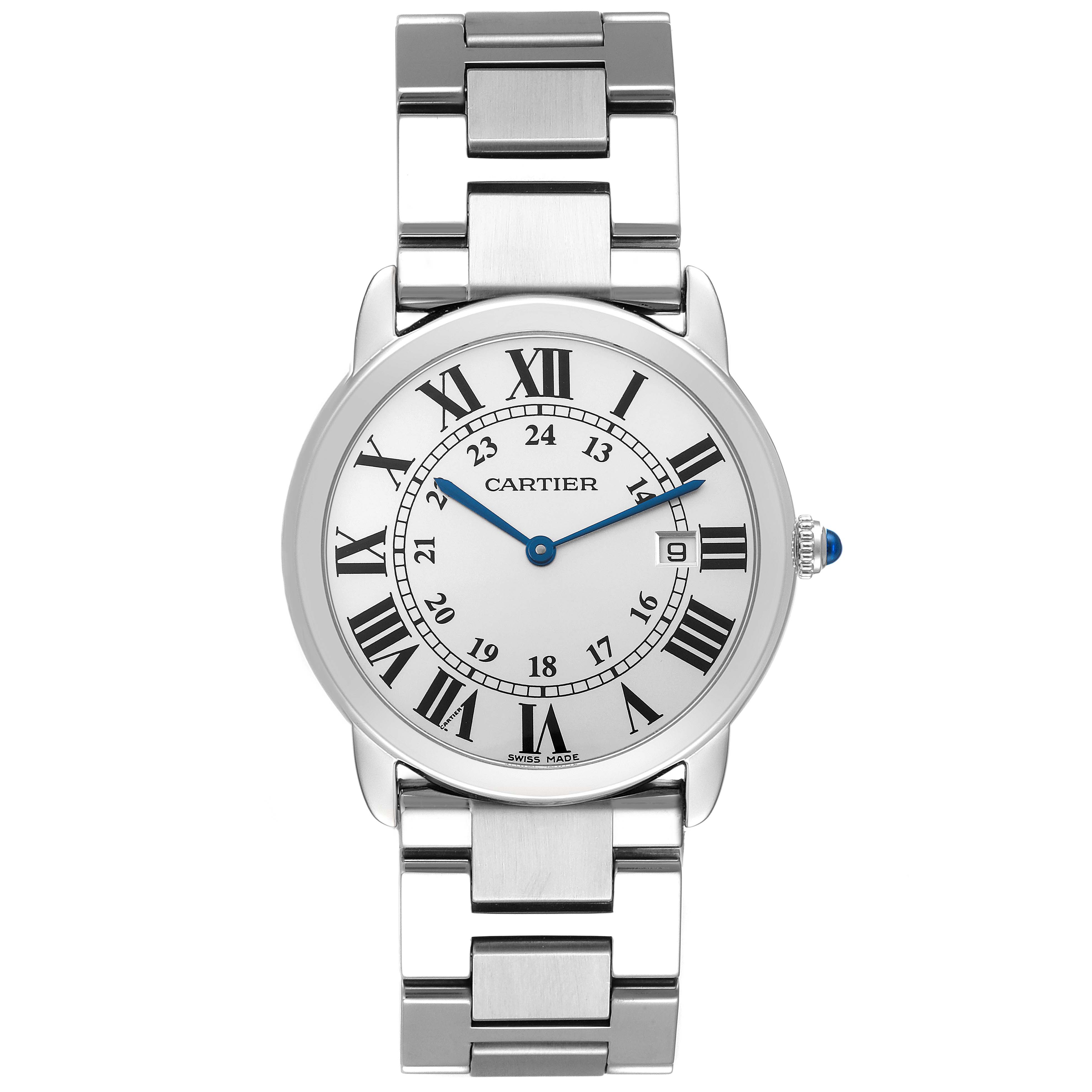 The Cartier Ronde W6701005 Men
s Stainless Steel Silver Dial W6701005 Men
s Stainless Steel Silver Dial watch is shown from the front, featuring a metal bracelet and a Roman numeral dial.