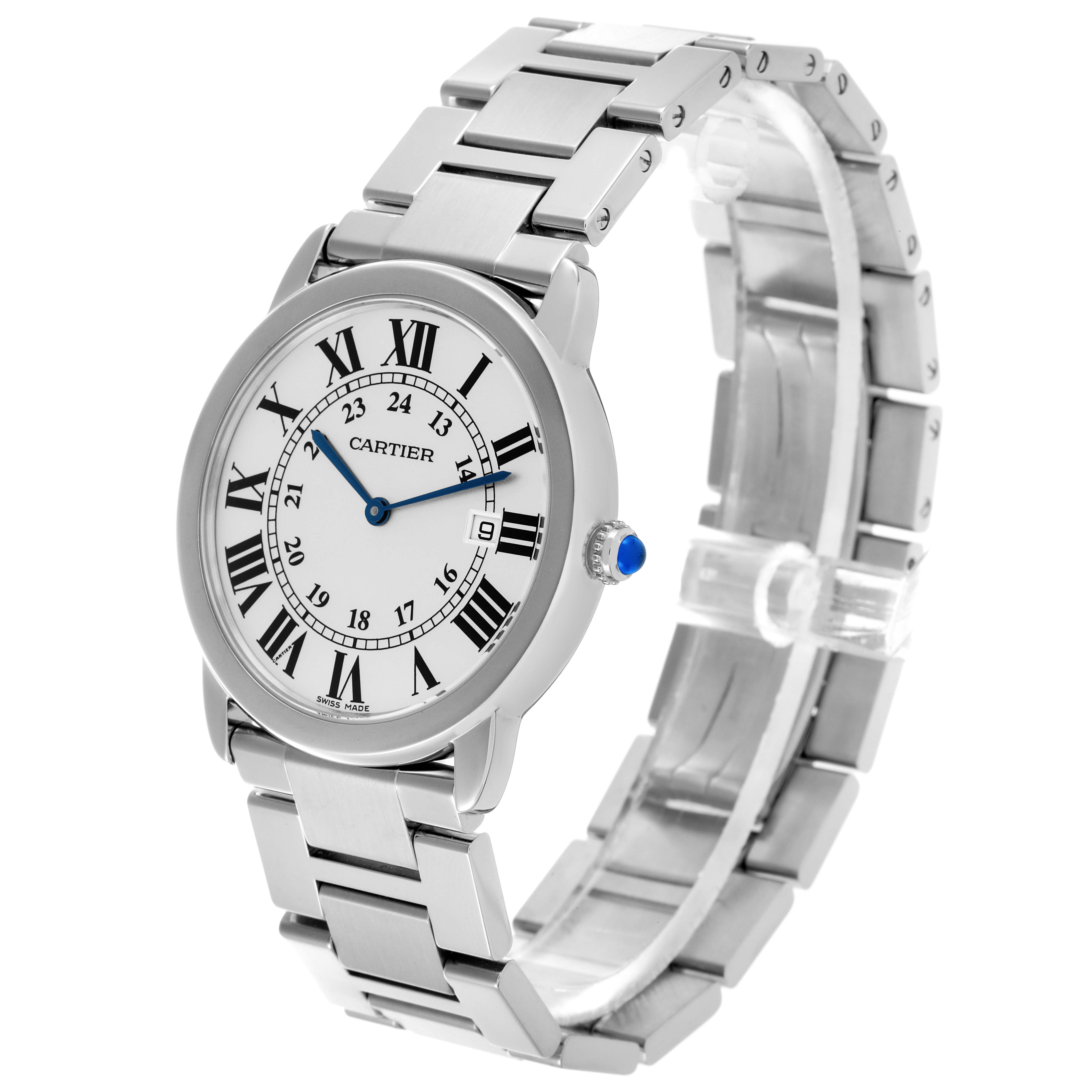 The Cartier Ronde W6701005 Men
s Stainless Steel Silver Dial W6701005 Men
s Stainless Steel Silver Dial watch is shown from a three-quarter angle, highlighting the face, bracelet, and crown with a blue cabochon.