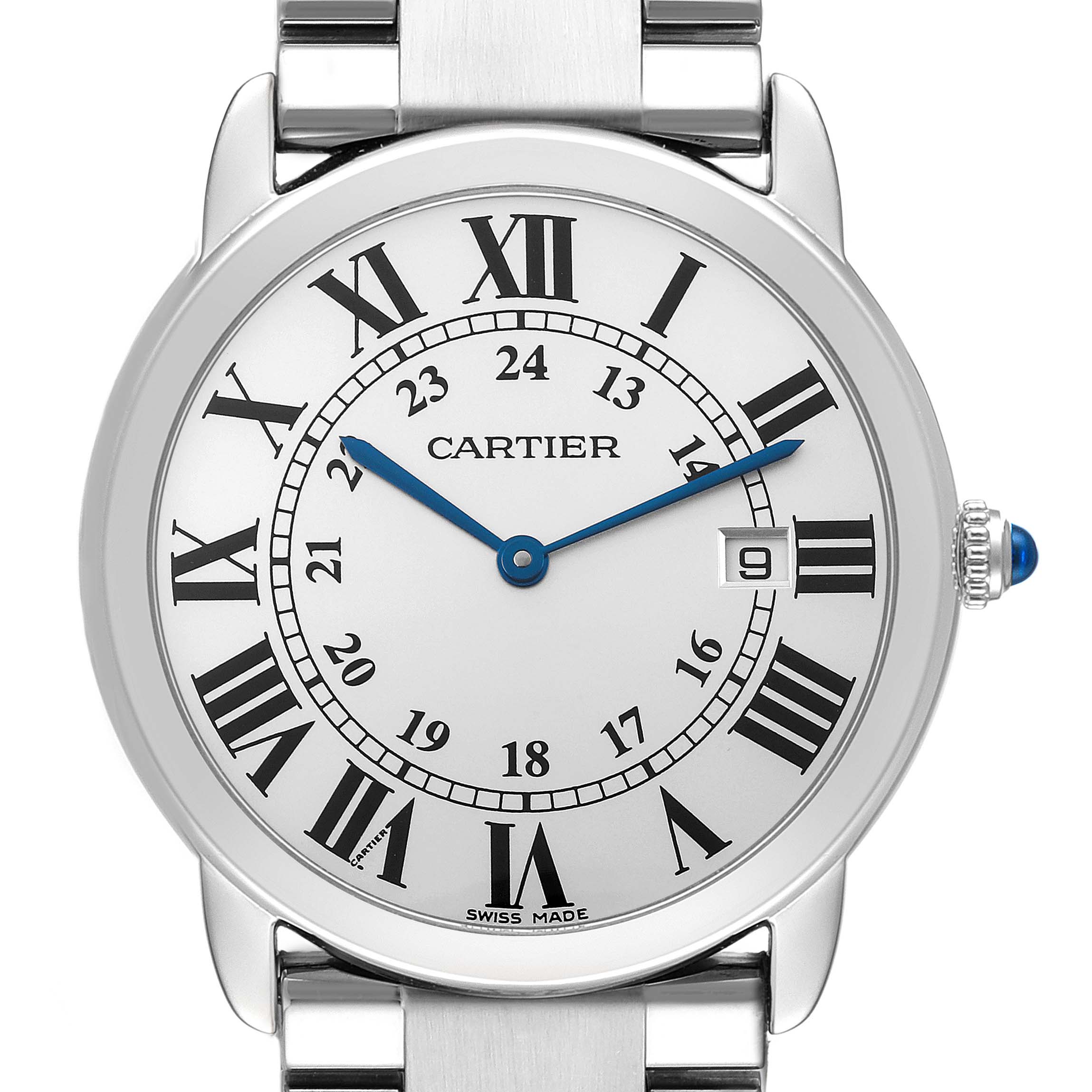 The Cartier Ronde W6701005 Men
s Stainless Steel Silver Dial W6701005 Men
s Stainless Steel Silver Dial watch is shown from the front, highlighting the dial, numerals, hands, and part of the bracelet.