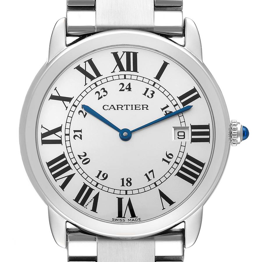 The Cartier Ronde watch is shown from the front, highlighting the dial, numerals, hands, and part of the bracelet.