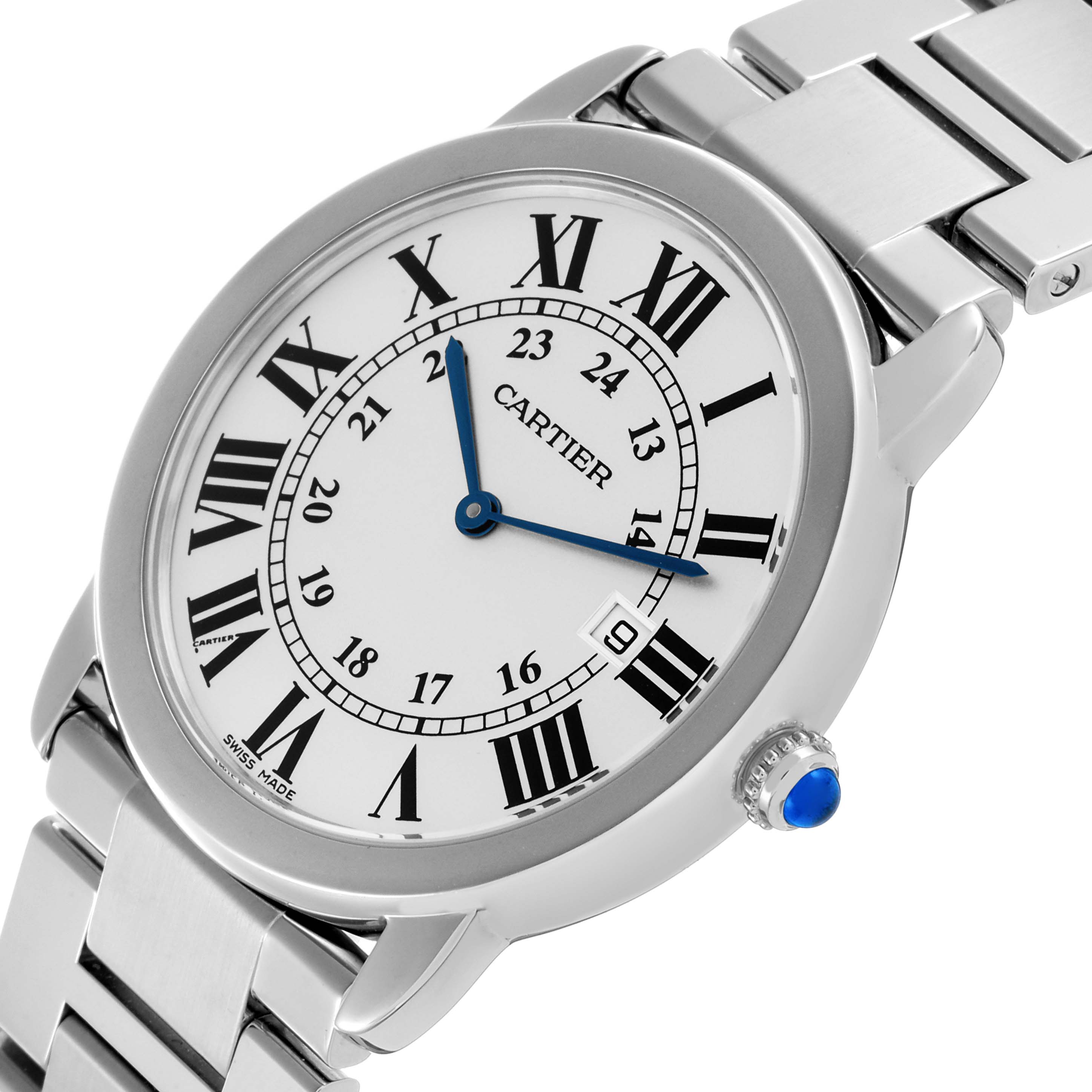 The Cartier Ronde W6701005 Men
s Stainless Steel Silver Dial W6701005 Men
s Stainless Steel Silver Dial watch is shown at a slight angle, displaying the face, bezel, crown, and part of the bracelet.