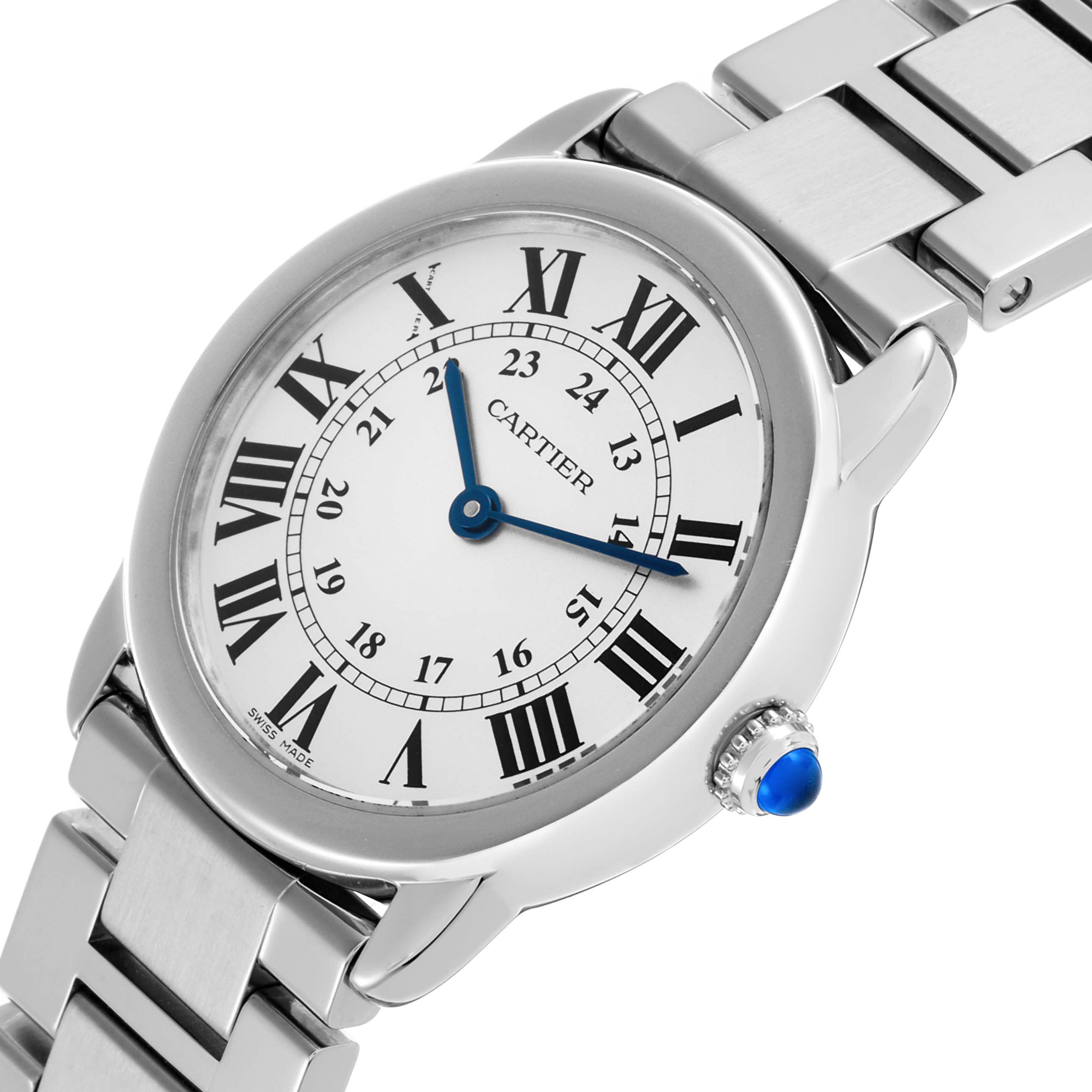 The image shows a Cartier Ronde W6701004 Women's Stainless Steel Silver Dial W6701004 Women's Stainless Steel Silver Dial watch at an angled view, displaying the face, bezel, bracelet, and crown with a blue cabochon.