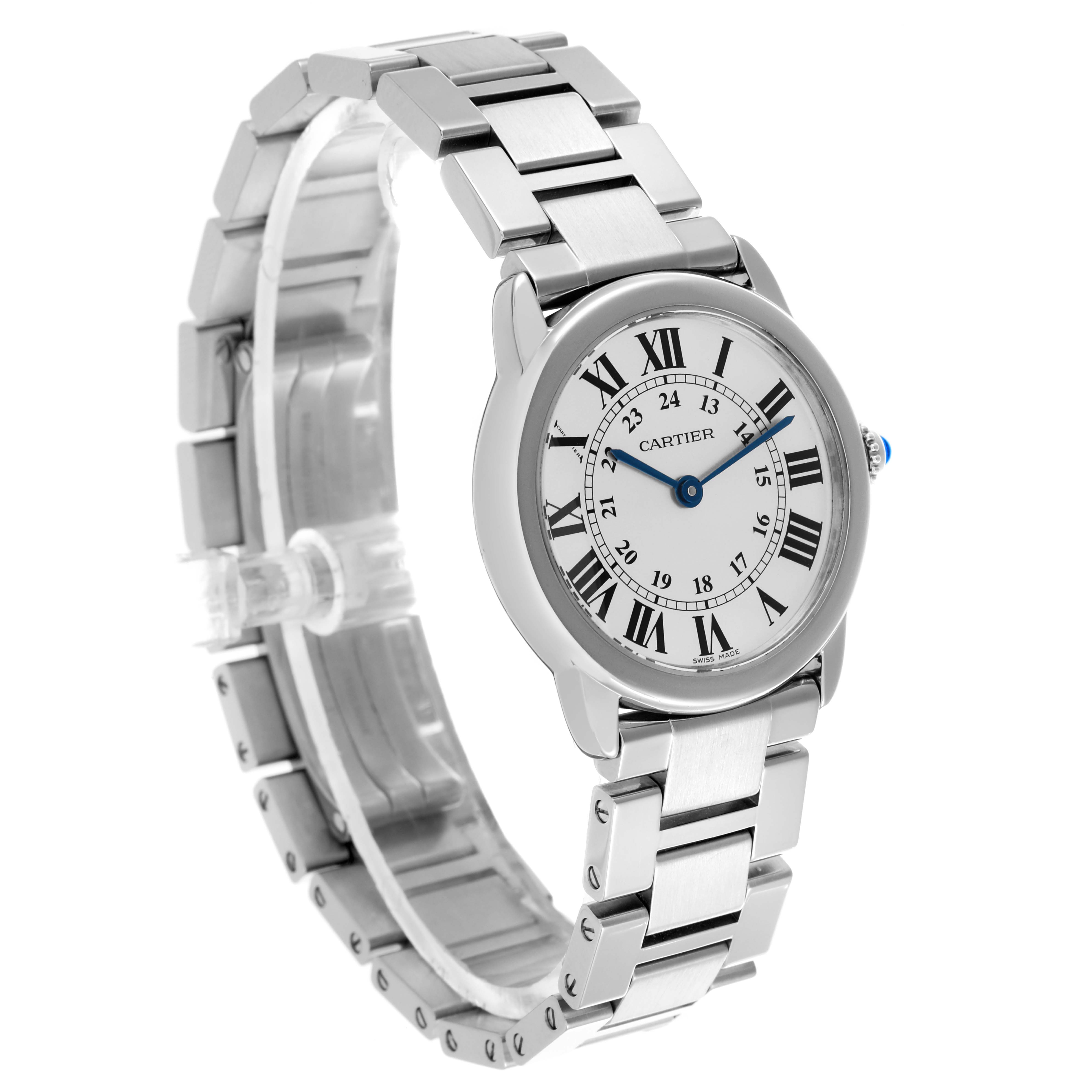 The Cartier Ronde W6701004 Women's Stainless Steel Silver Dial W6701004 Women's Stainless Steel Silver Dial watch is shown at a three-quarter angle, displaying the face, bracelet, and crown.