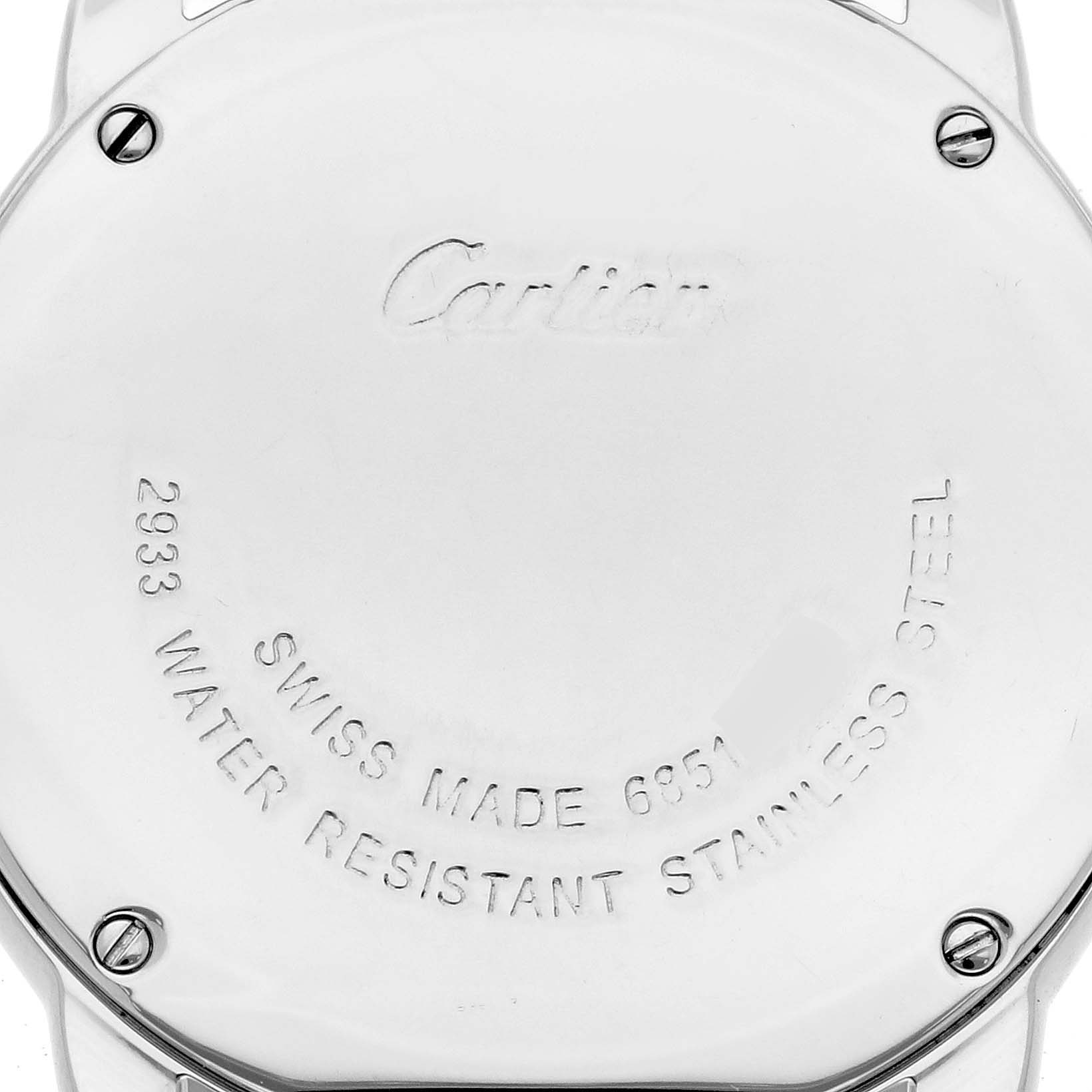 The image shows the back case of a Cartier Ronde W6701004 Women's Stainless Steel Silver Dial W6701004 Women's Stainless Steel Silver Dial watch, highlighting the brand engraving and screws.