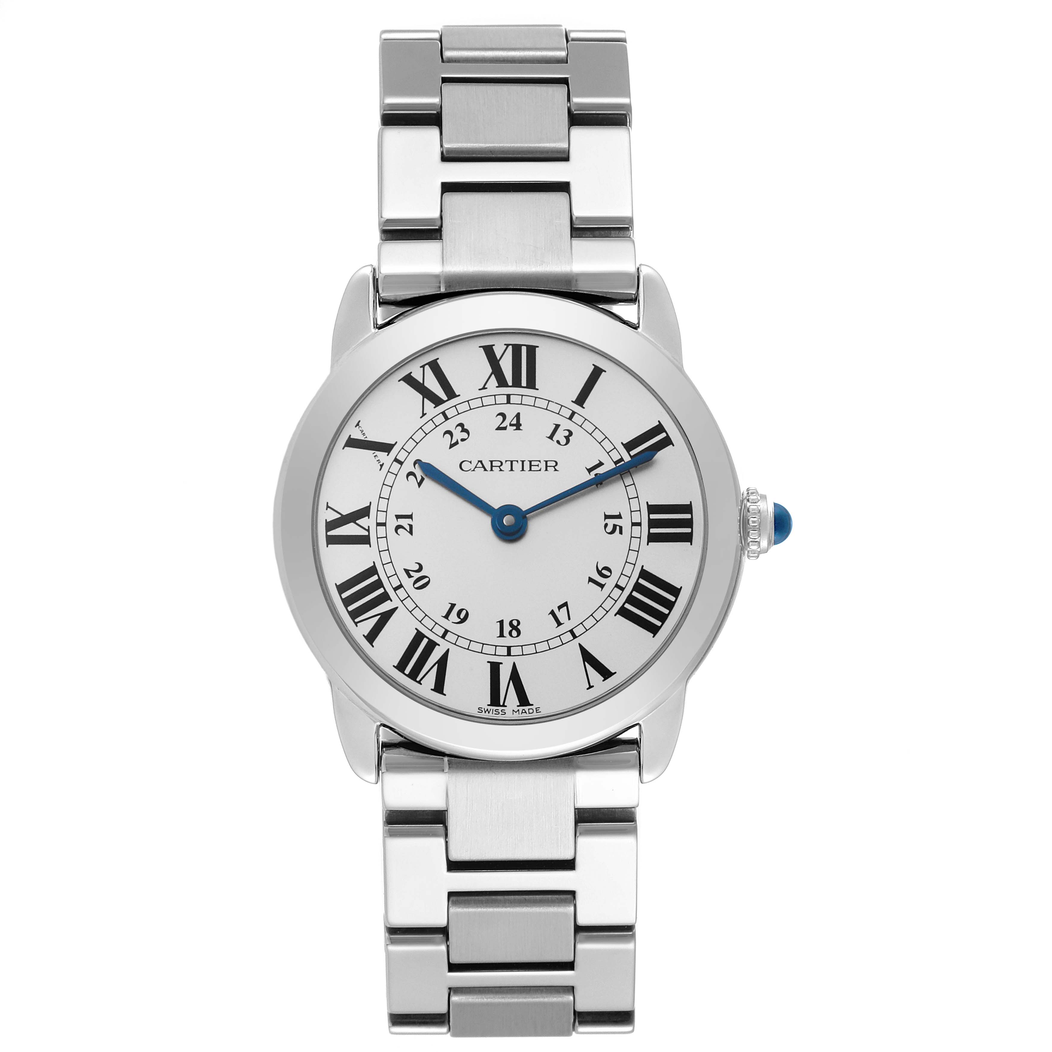 The Cartier Ronde W6701004 Women's Stainless Steel Silver Dial W6701004 Women's Stainless Steel Silver Dial watch is shown from a front angle, displaying its face, case, and metal bracelet.