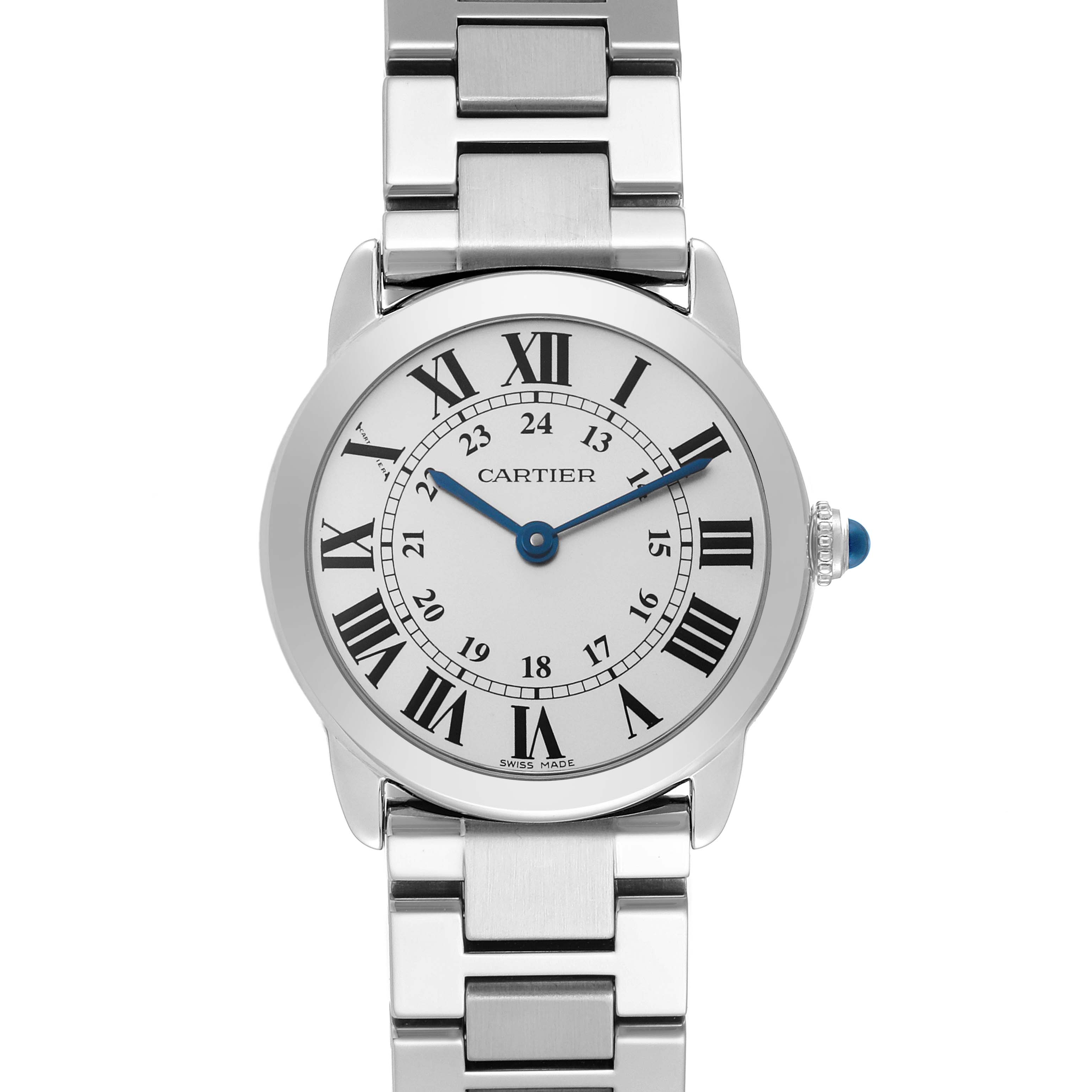 The Cartier Ronde W6701004 Women's Stainless Steel Silver Dial W6701004 Women's Stainless Steel Silver Dial watch is shown from a front view, displaying its face, bezel, and part of the bracelet.