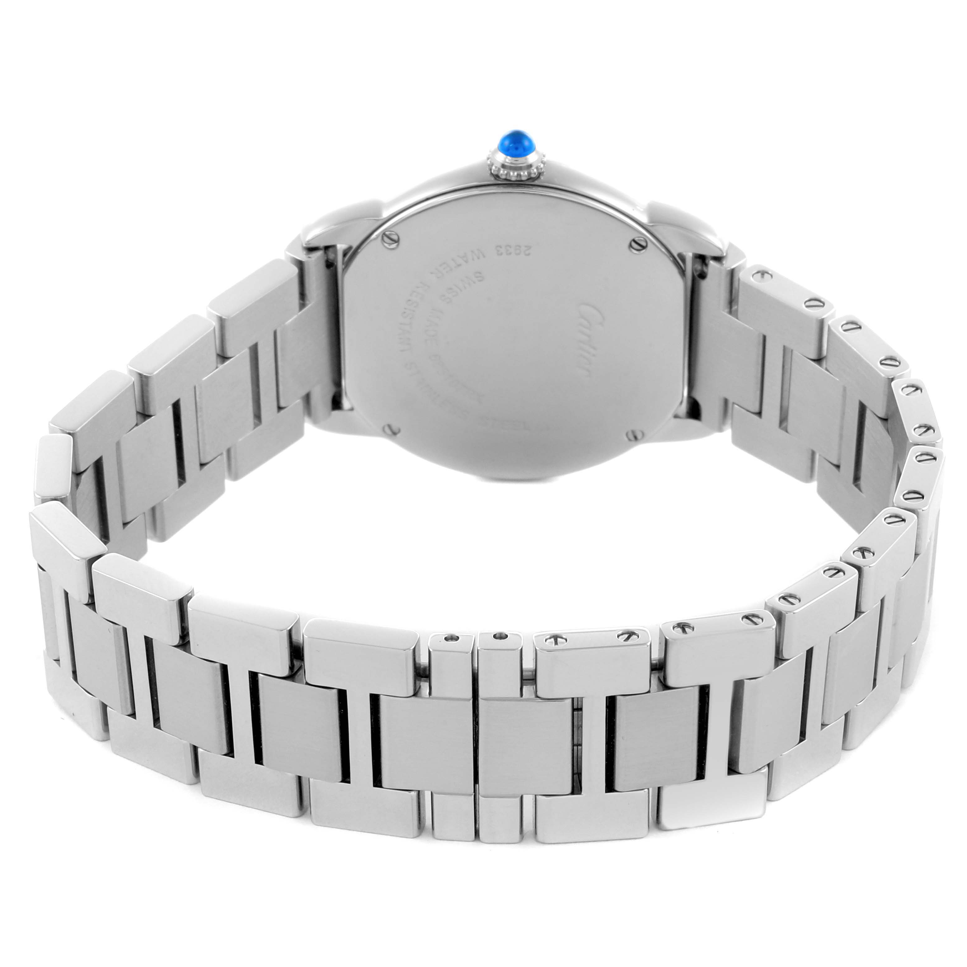 The image shows the back and bracelet of a Cartier Ronde W6701004 Women's Stainless Steel Silver Dial W6701004 Women's Stainless Steel Silver Dial watch, highlighting the case back and metal links.