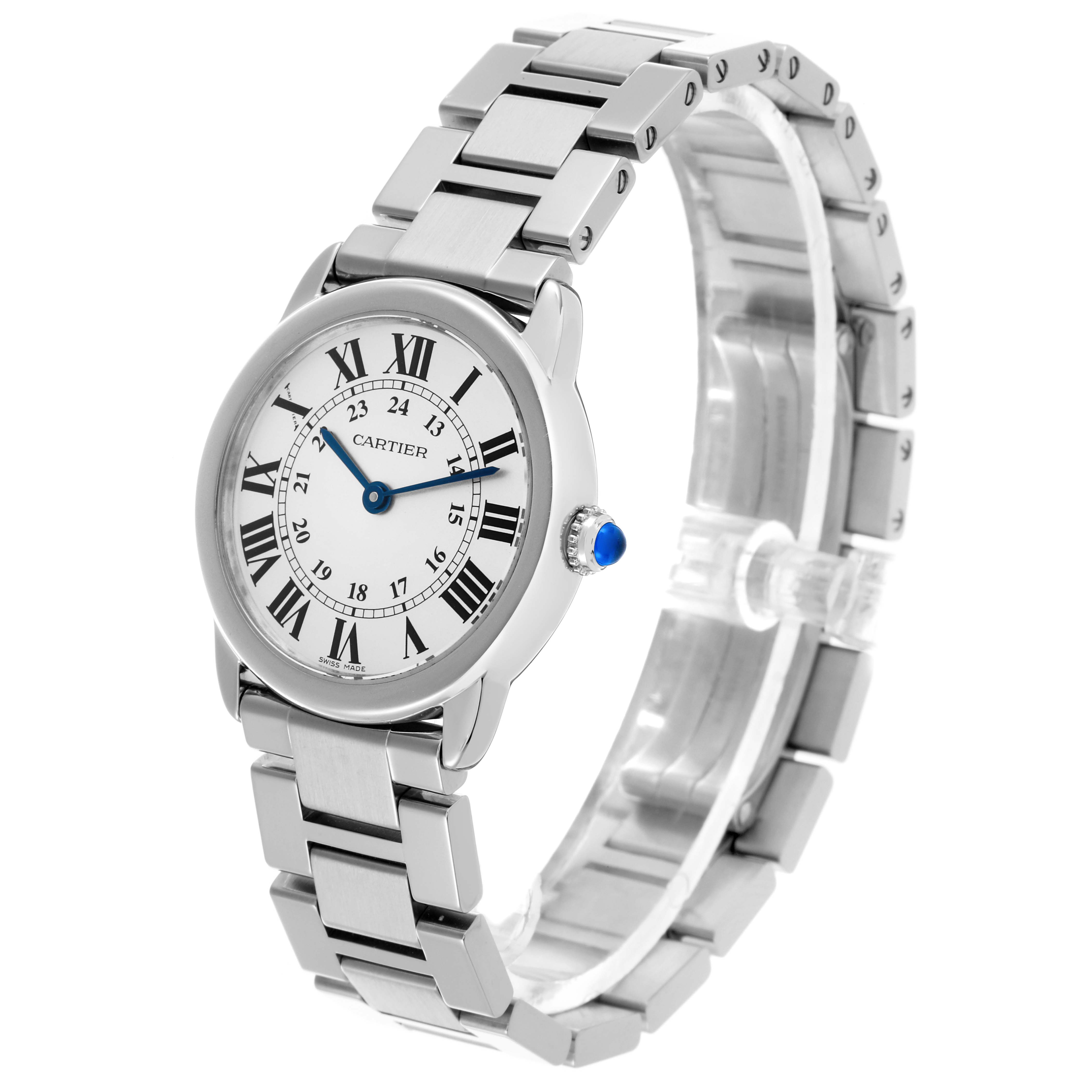 The Cartier Ronde W6701004 Women's Stainless Steel Silver Dial W6701004 Women's Stainless Steel Silver Dial watch is shown at a three-quarter angle, displaying the dial, bracelet, and crown with a blue cabochon.