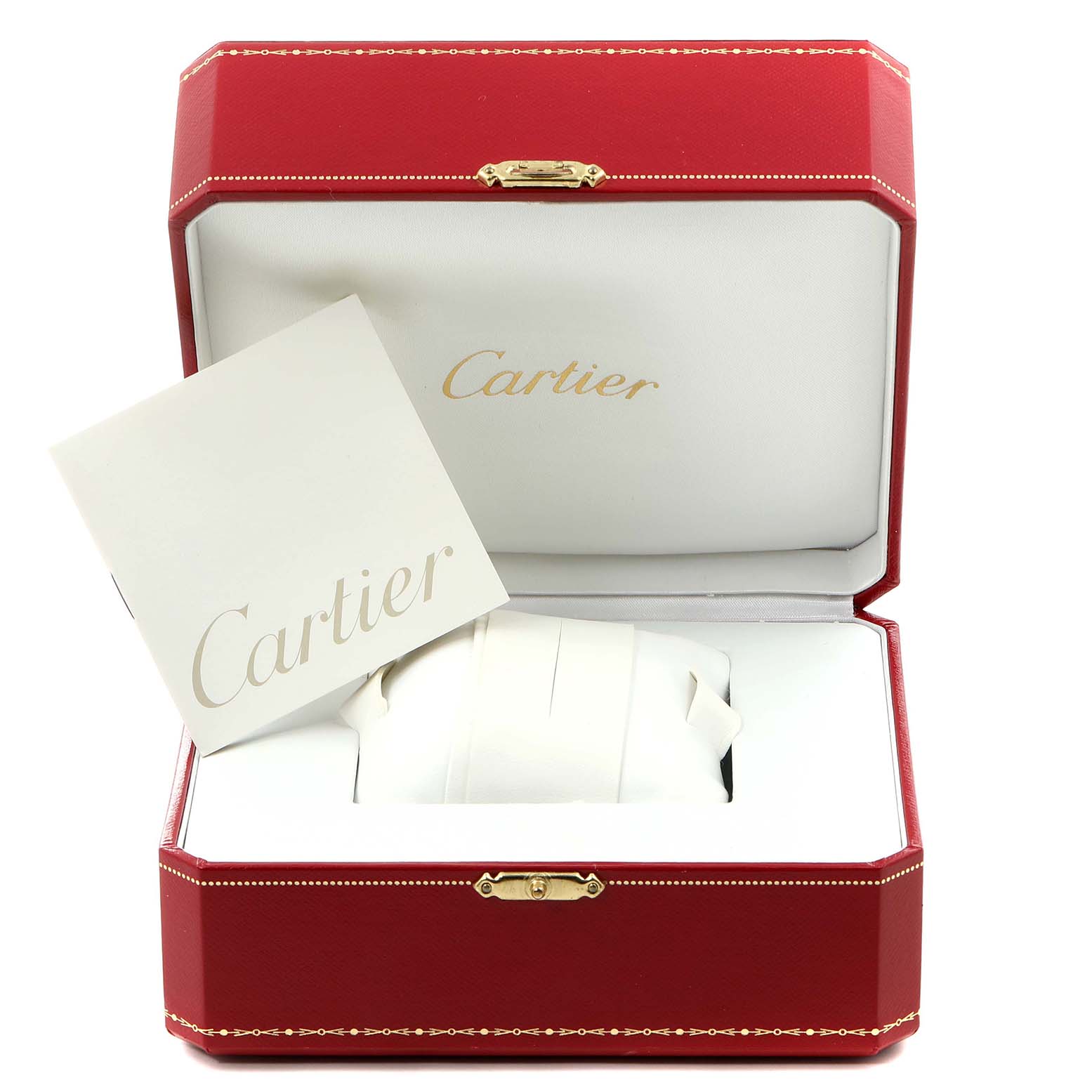 The image shows a Cartier Tank Francaise W51002Q3 Men's Stainless Steel Silver Dial W51002Q3 Men's Stainless Steel Silver Dial watch box with the lid open, revealing an interior cushion and a Cartier booklet.